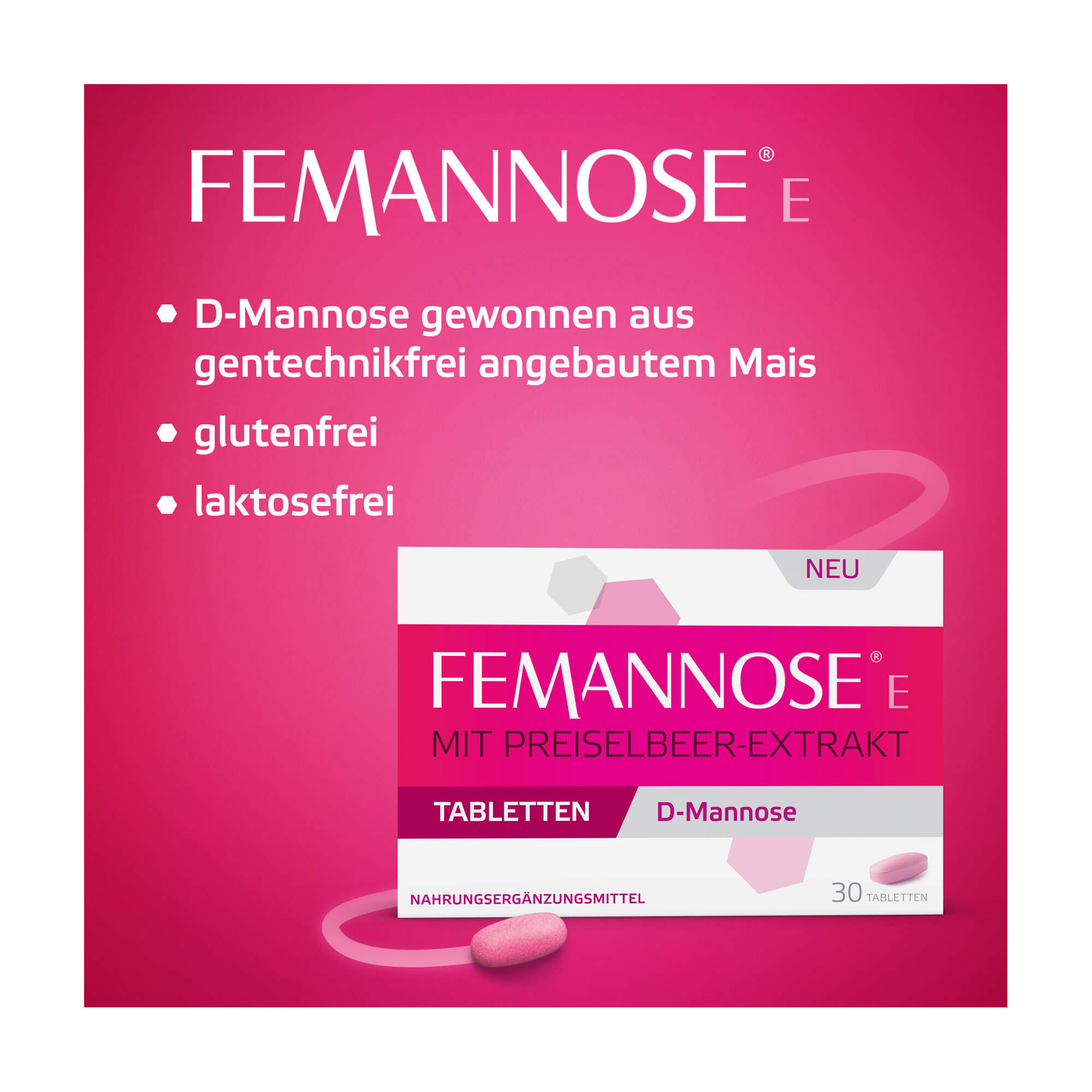 Grafik Femannose E Tabletten Gentechnikfrei. Gluten- und laktosefrei.