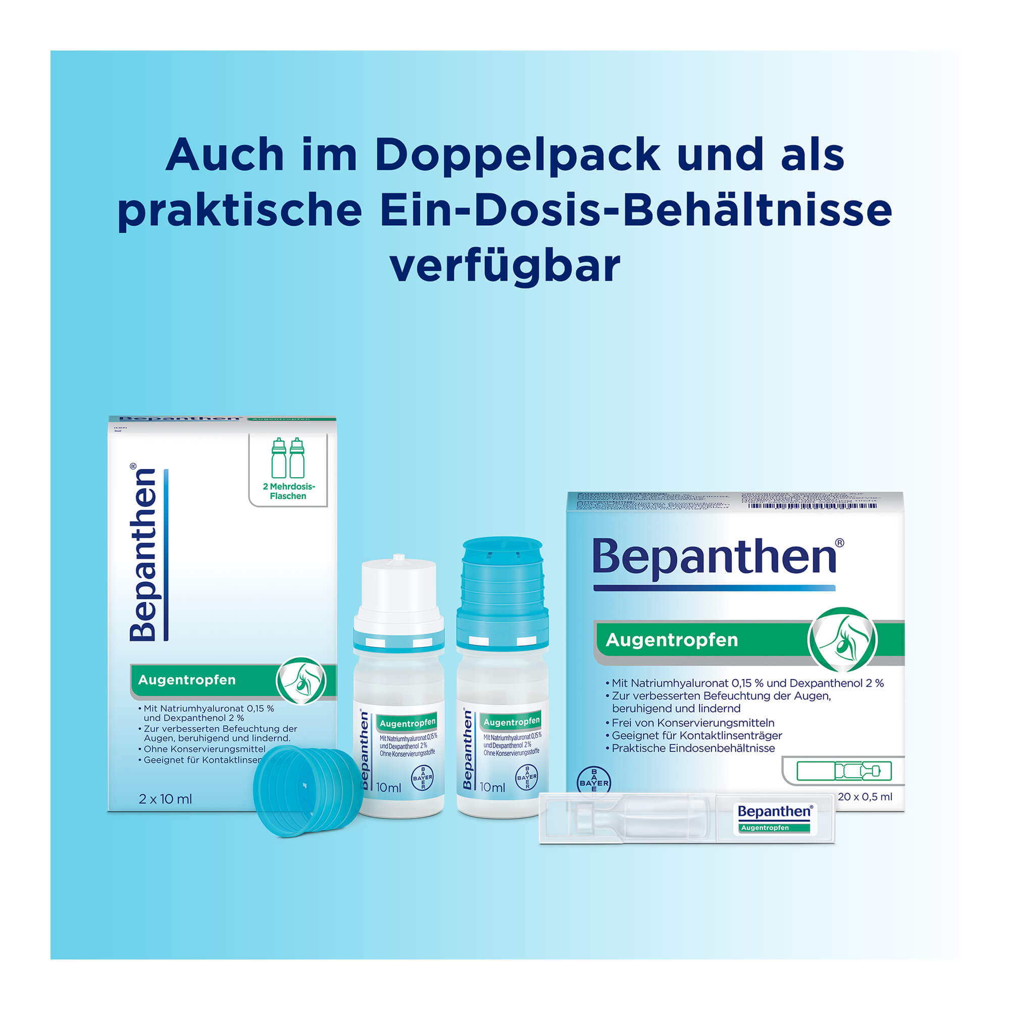 Grafik Bepanthen Augentropfen Auch im Doppelpack und als praktische Ein-Dosis-Behältnisse verfügbar