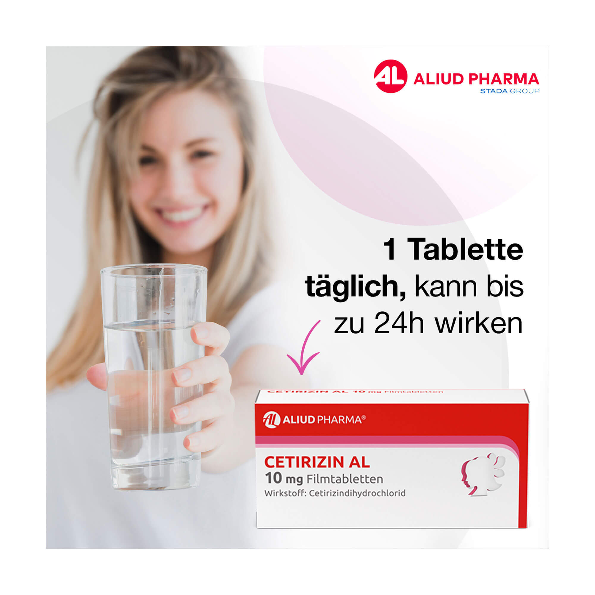 Grafik Cetirizin AL 10 mg Filmtabletten 1 Tablette täglich, kann bis zu 24 h wirken