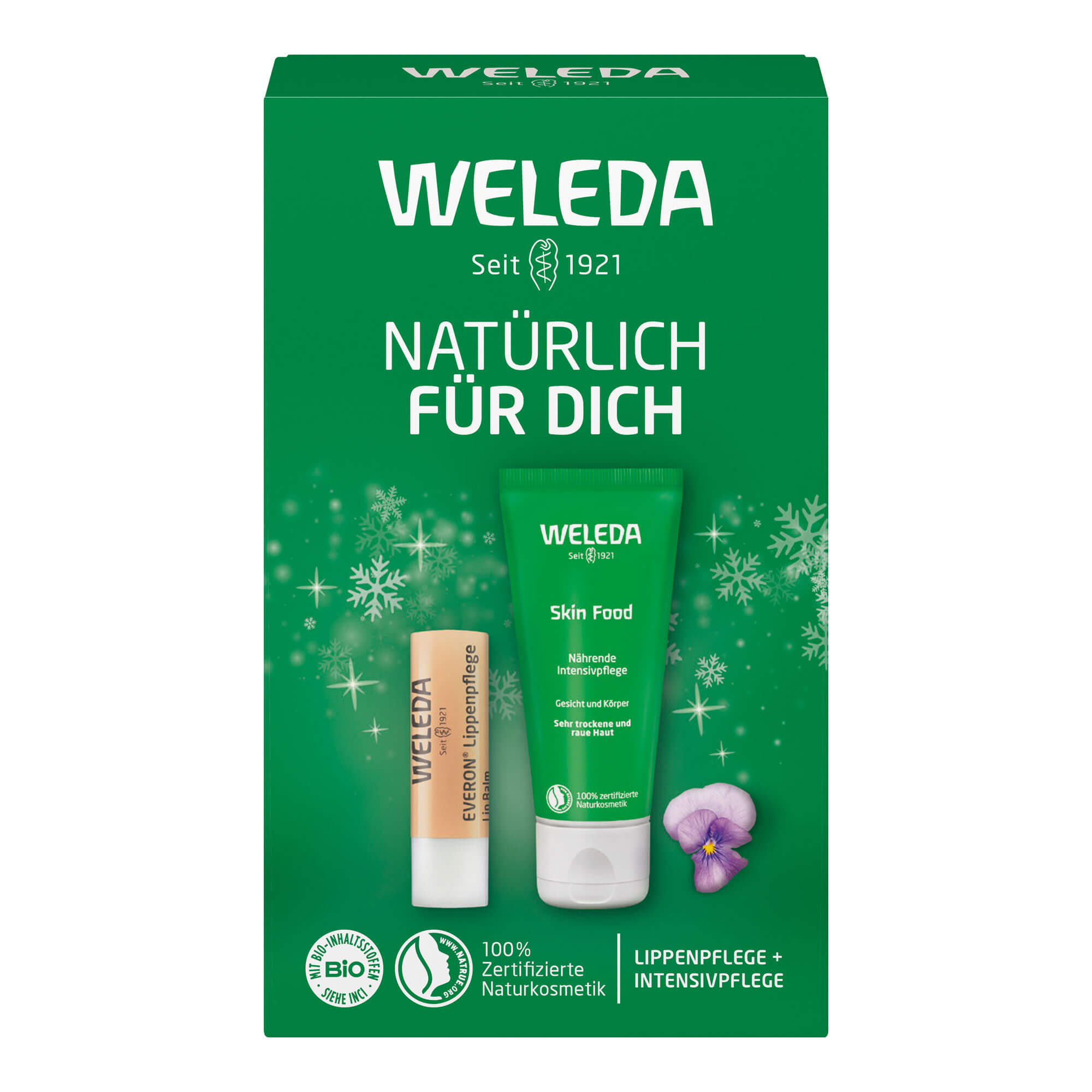 Geschenkset ideal für unterwegs. Mit 30 ml Skin Food Intensivpflege und 4,8 g Everon Lippenpflege.