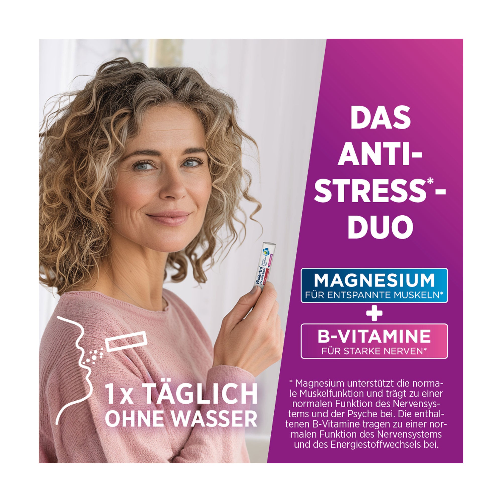 Grafik Biolectra Magnesium 400 mg Sticks Nerven & Muskeln Vital 1x täglich ohne Wasser einnehmen