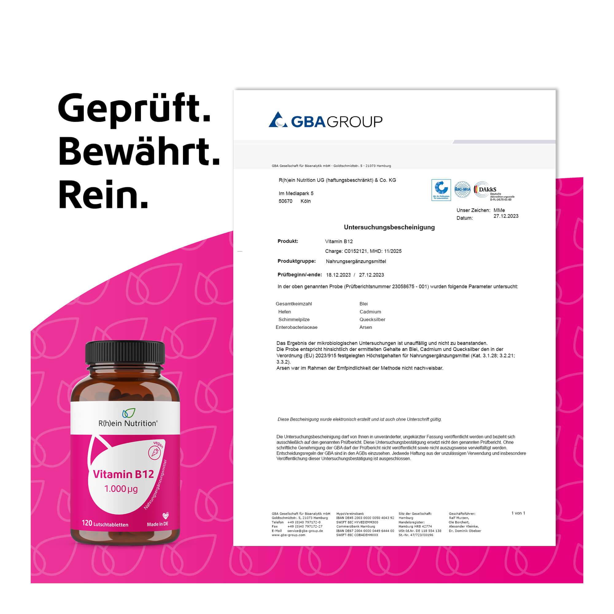 Grafik Vitamin B12 vegane Lutschtabletten Geprüft. Bewährt. Rein.