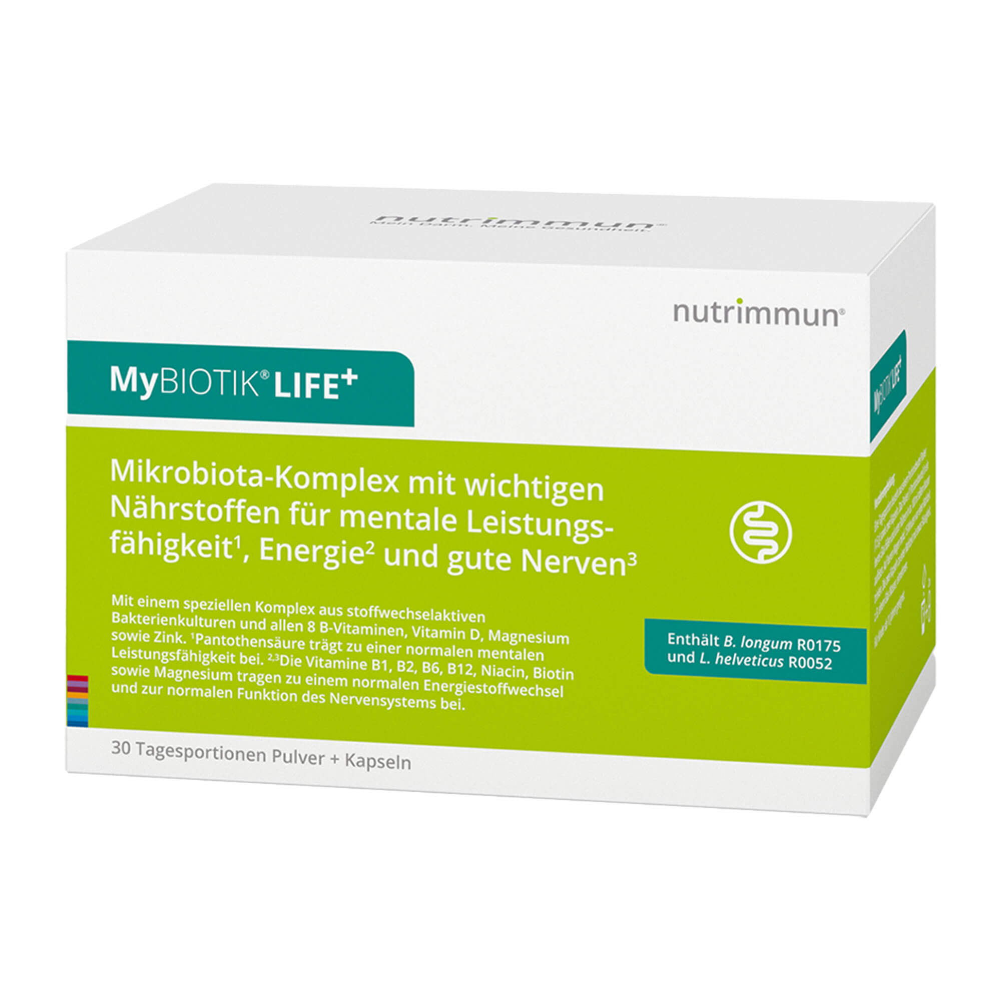 Nahrungsergänzungsmittel mit einem speziellen Komplex aus aktiven Bakterienkulturen und allen B-Vitaminen, Vitamin D, Magnesium sowie Zink.