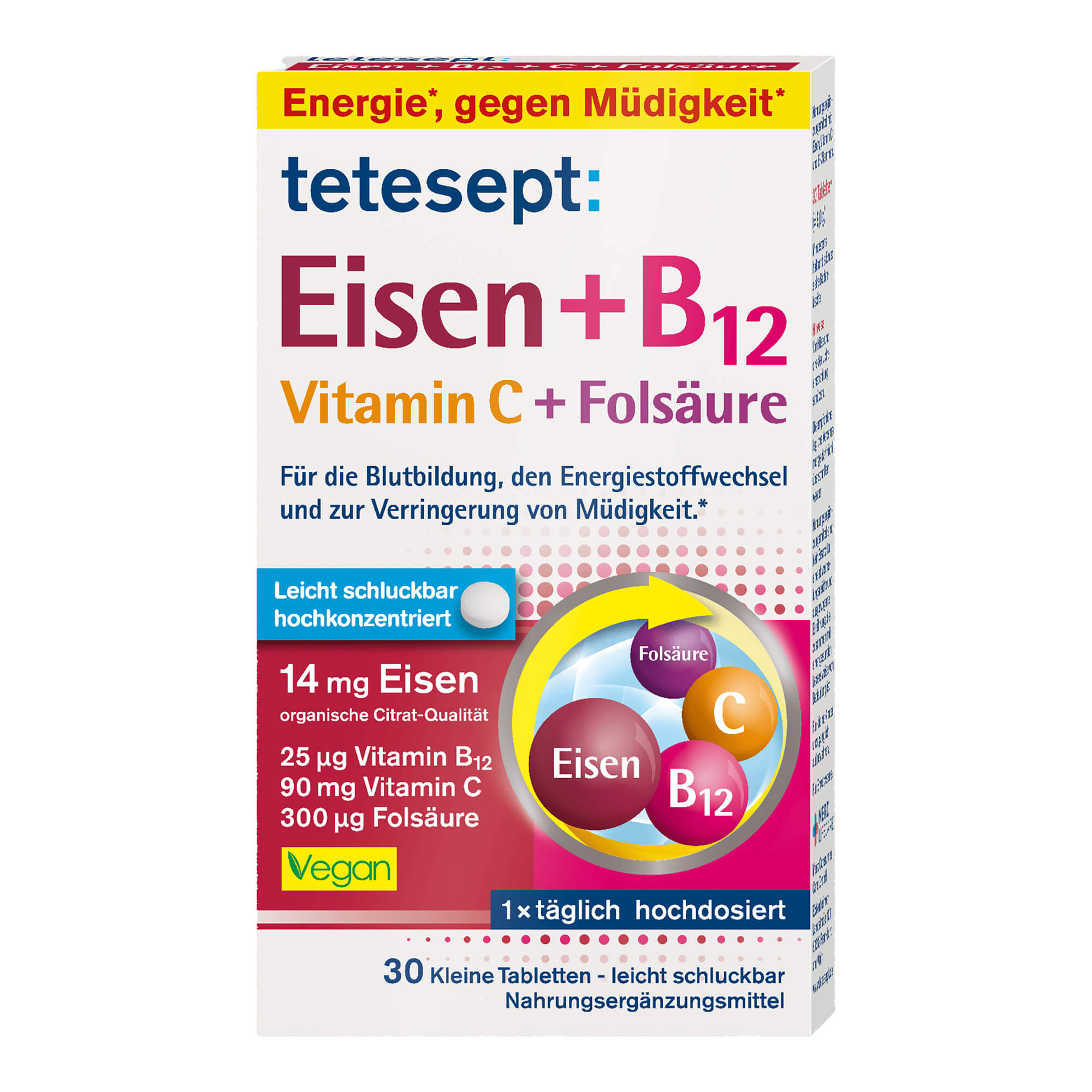 Nahrungsergänzungsmittel mit hochdosiertem Eisen, Vitamin C und B-Vitaminen.