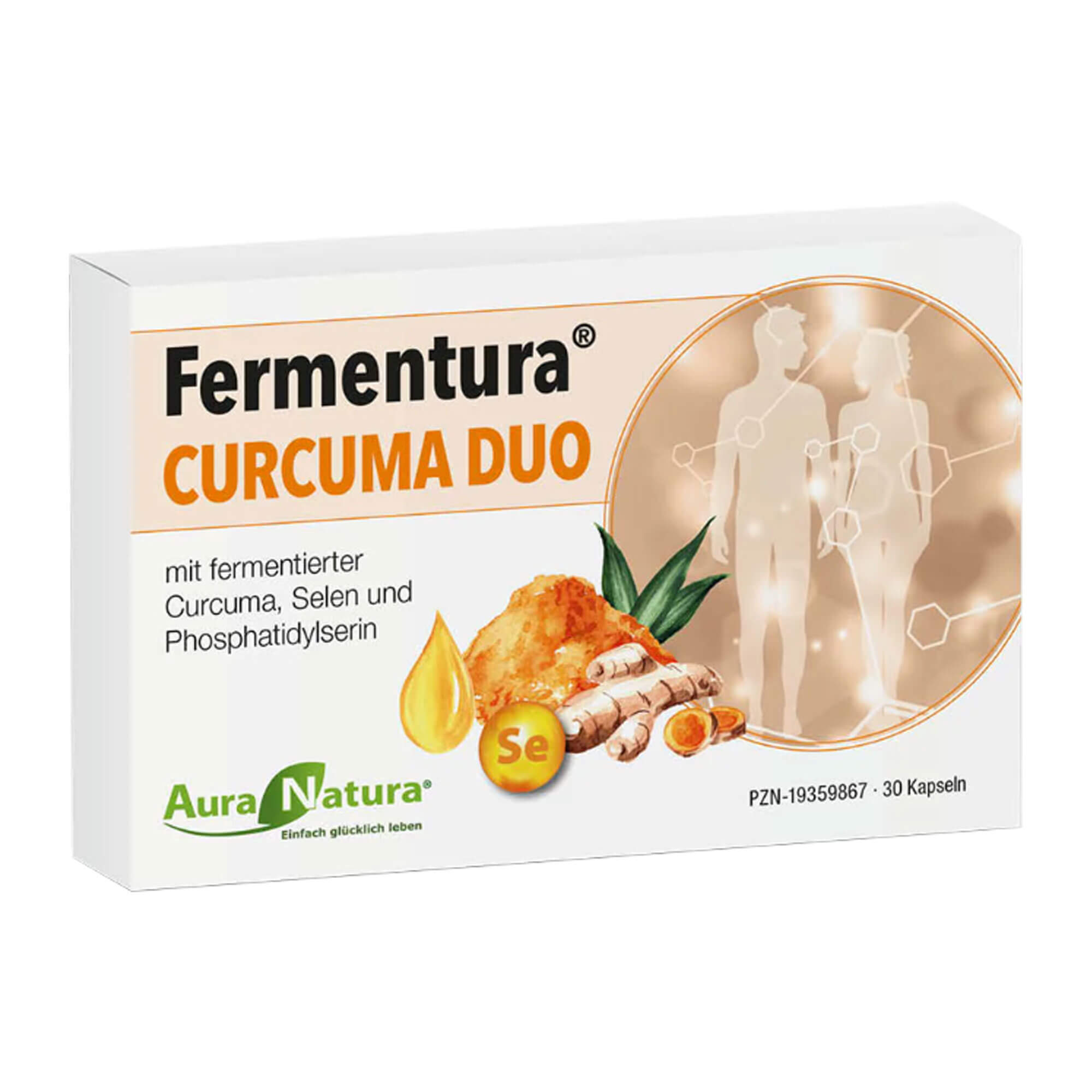 Nahrungsergänzungsmittel mit fermentierter Curcuma, Selen und Phosphatidylserin.