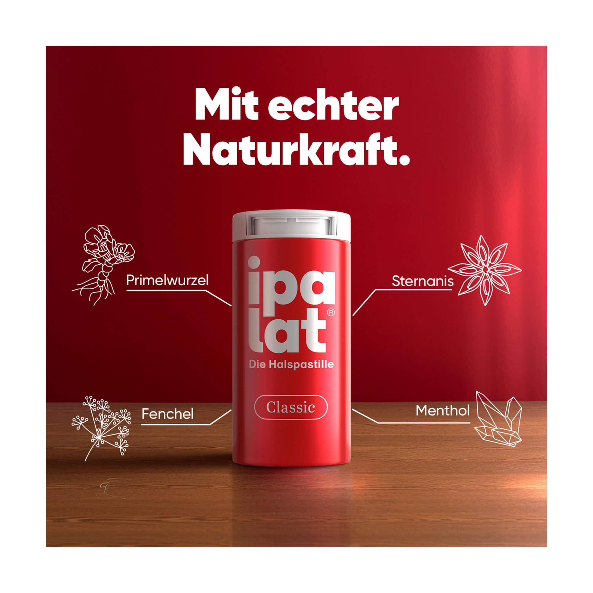 Grafik Ipalat Halspastillen Classic Mit echter Naturkraft. Mit Primelwurzel, Fenchel, Sternanis und Menthol