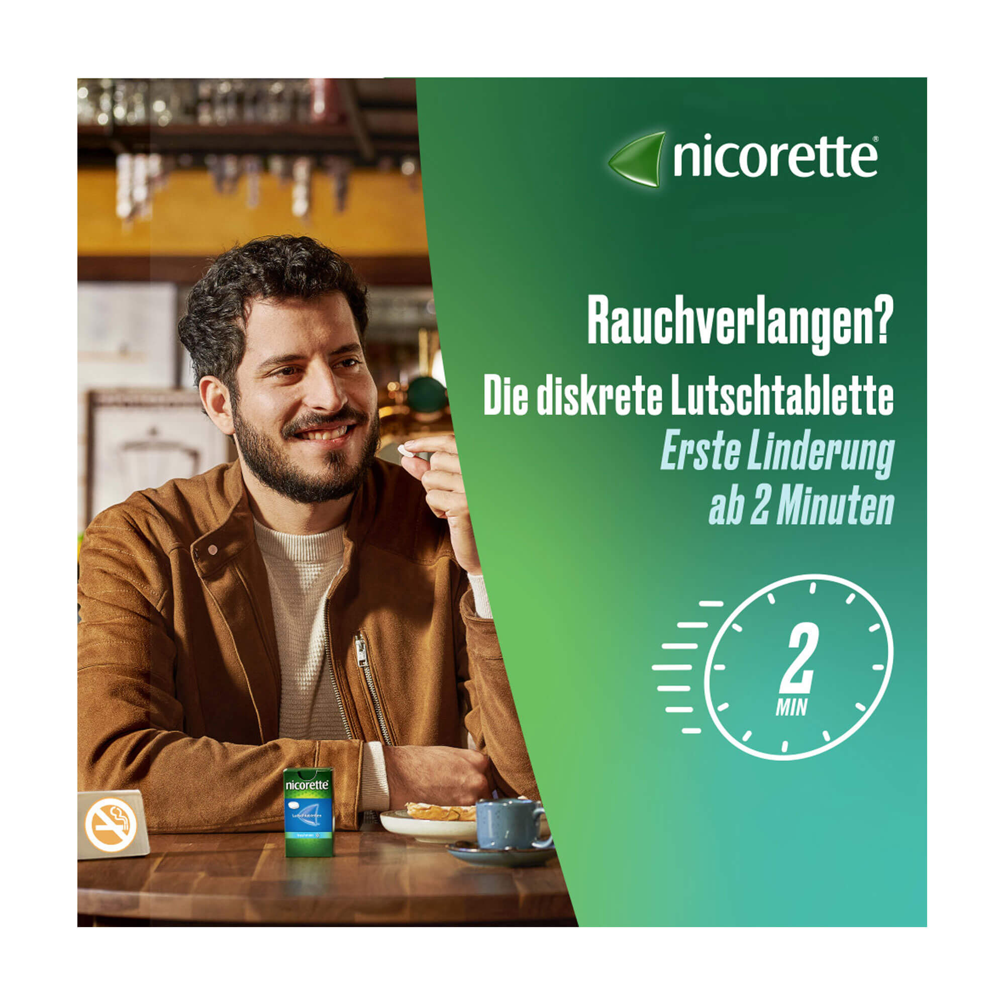 Grafik Nicorette Lutschtabletten 2 mg Nikotin Diskrete Lutschtablette. Erste Linderung ab 2 Minuten