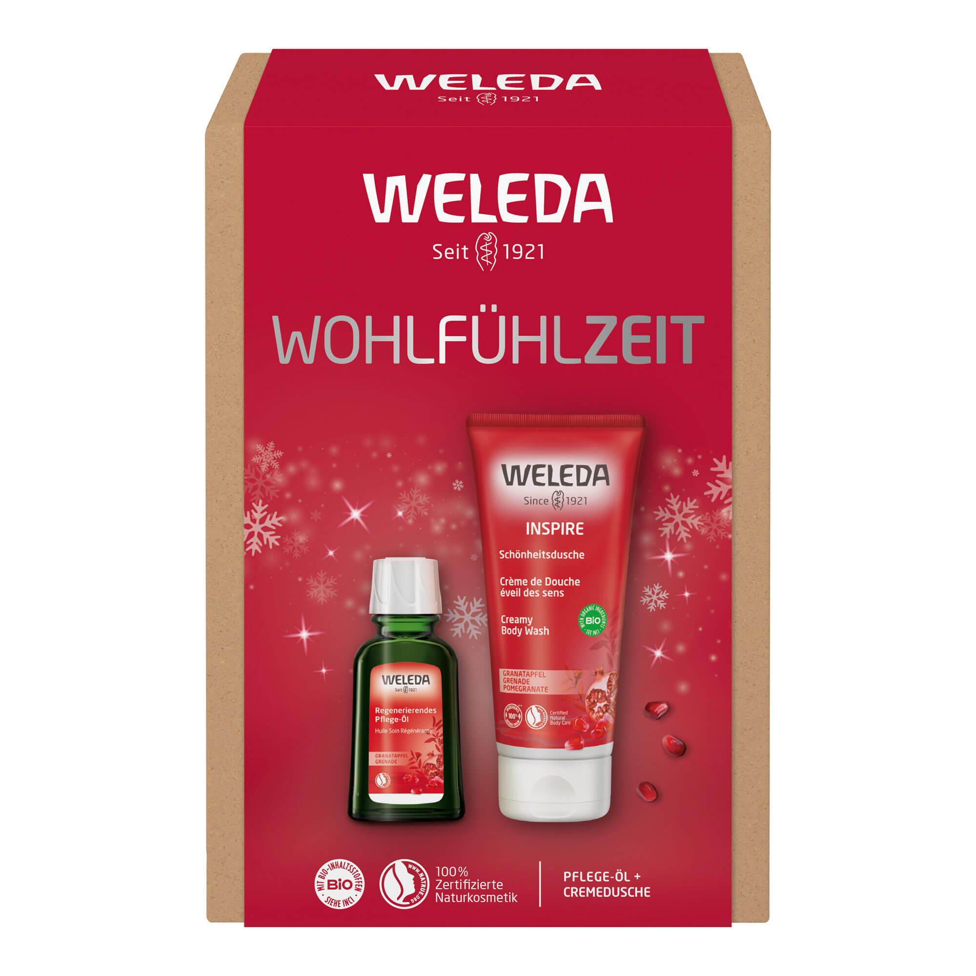 Geschenkset für verwöhnende Momente. Mit 200 ml Inspire-Schönheitsdusche Granatapfel und 50 ml Granatapfel Regenerierendes Pflege-Öl.