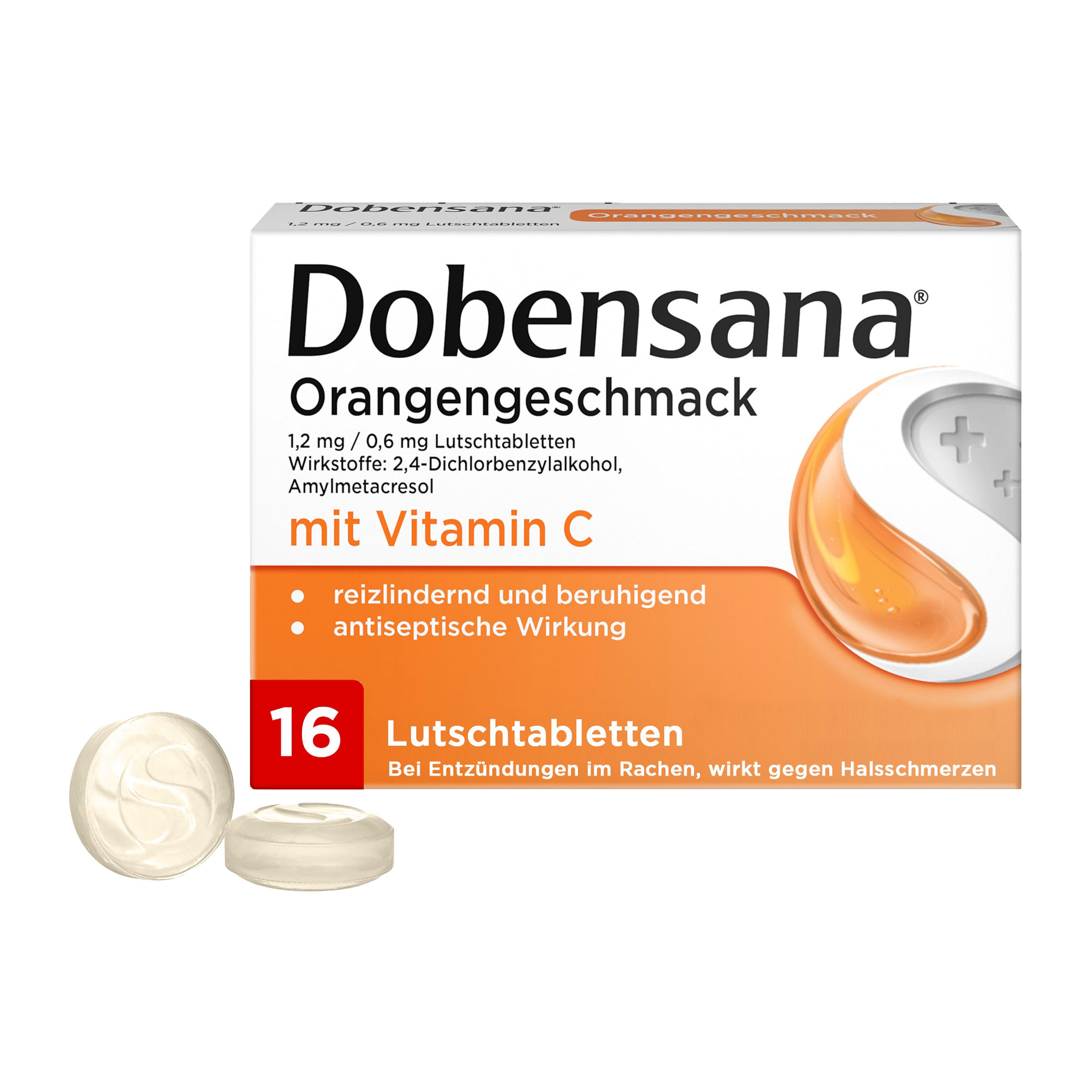 Bei Halsschmerzen im Anfangsstadium und erstem Halskratzen. Mit Orangengeschmack und Vitamin C.