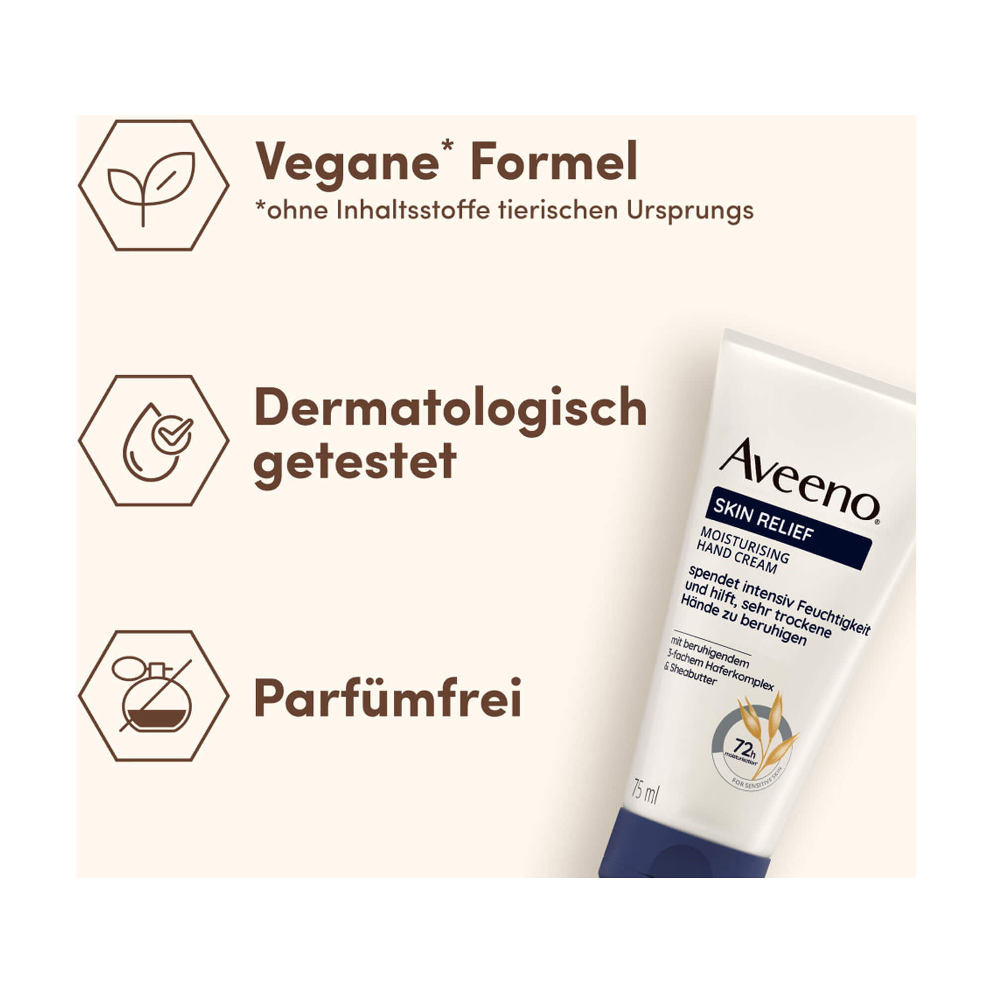 Grafik Aveeno Skin Relief Handcreme Vegane* Formel. Dermatologisch getestet. Parfümfrei.