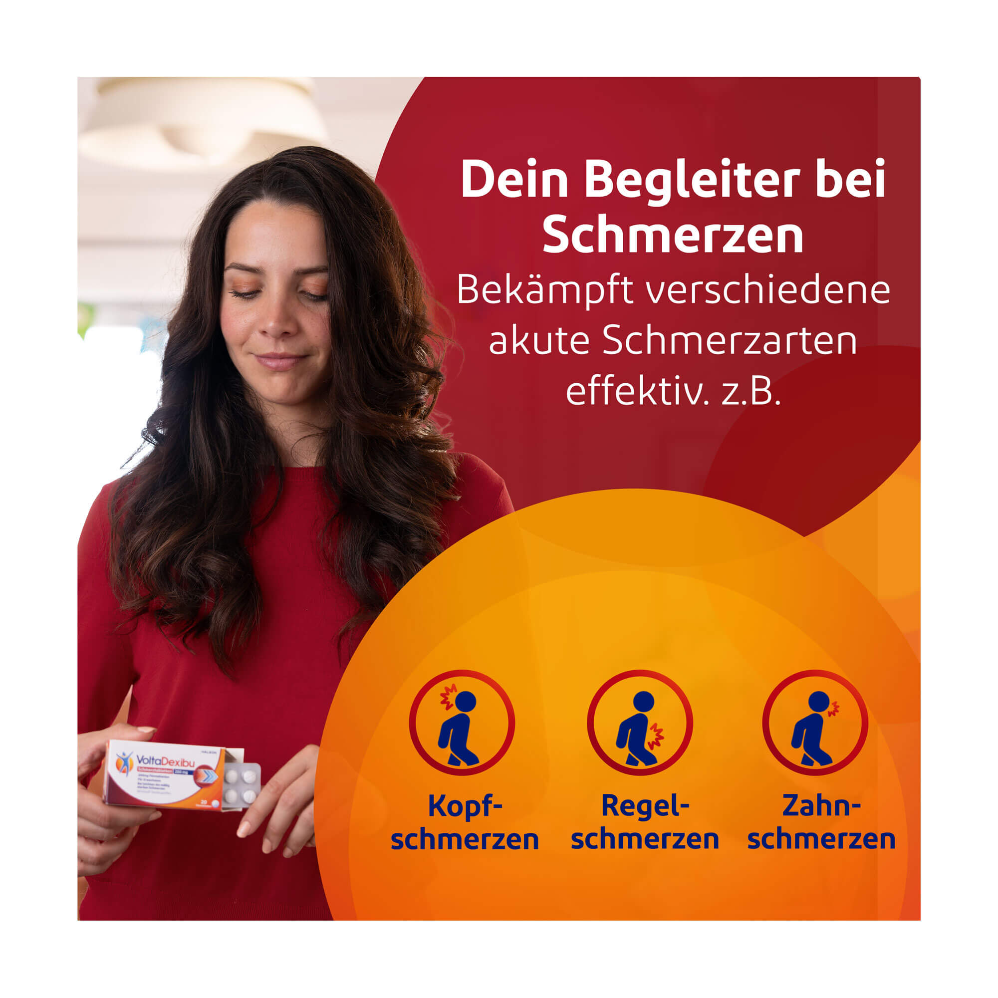 Grafik VoltaDexibu Schmerztabletten 200 mg Filmtabletten Bekämpft verschiedene akute Schmerzen effektiv