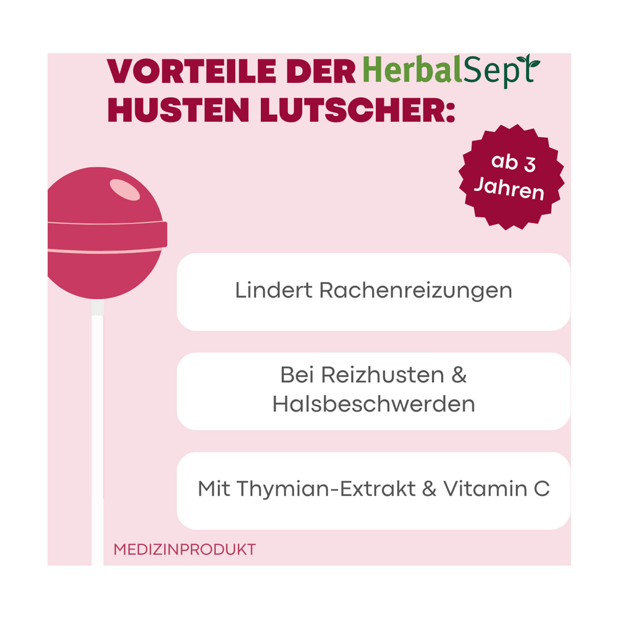 Grafik Dr. Theiss HerbalSept Husten Lutscher Kids Produktvorteile