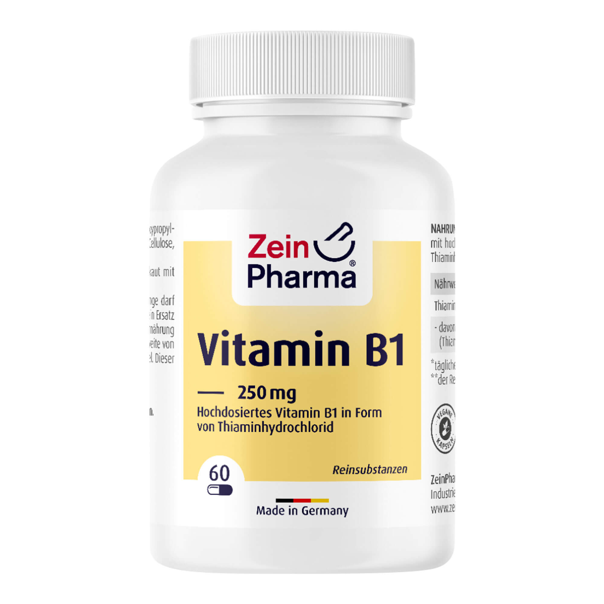 Nahrungsergänzungsmittel mit hochdosiertem Vitamin B1 in Form von Thiaminhydrochlorid in veganen Kapseln.