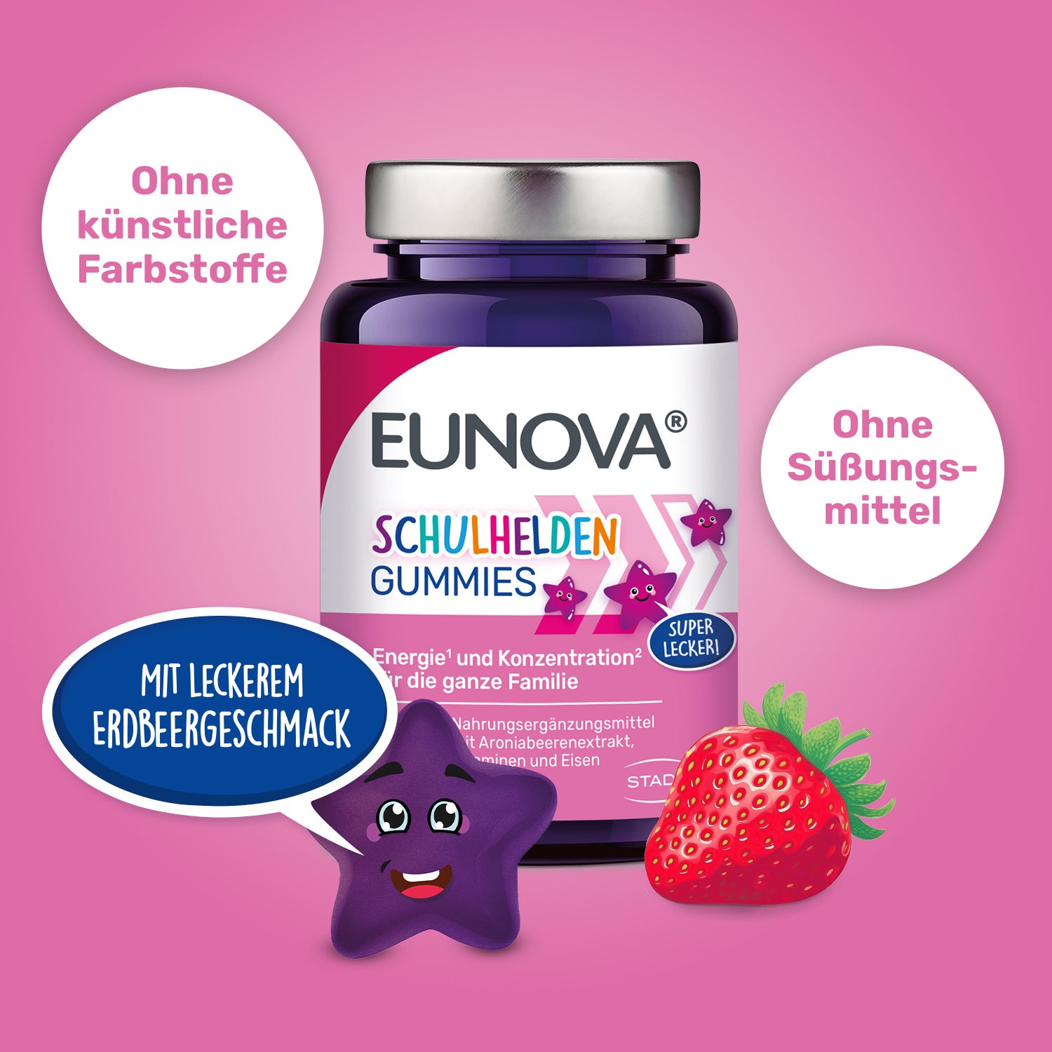 Grafik Eunova Schulhelden Gummies Ohne künstliche Farbstoffe und Süßungsmittel. Mit Erdbeergeschmack.