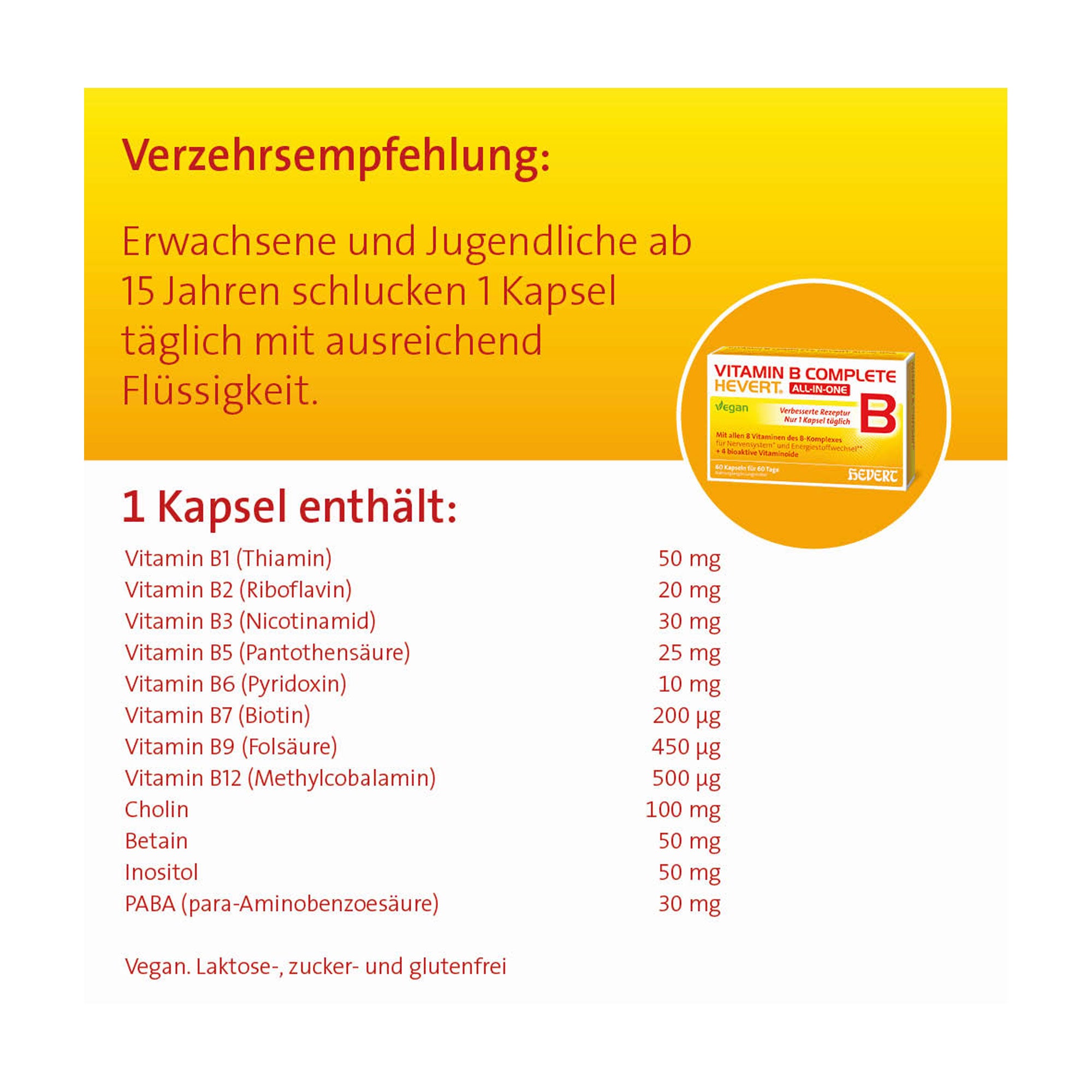 Grafik Vitamin B Complete Hevert All-in-One Kapseln Verzehrsempfehlung und Zusammensetzung