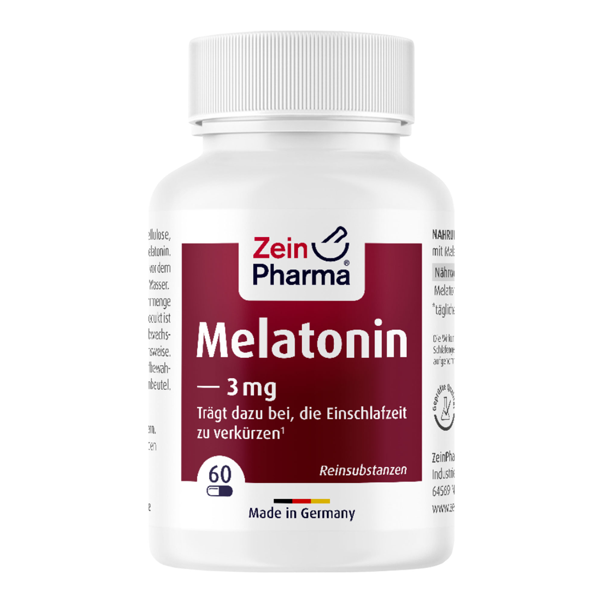 Nahrungsergänzungsmittel mit 3 mg Melatonin in veganen Kapseln.