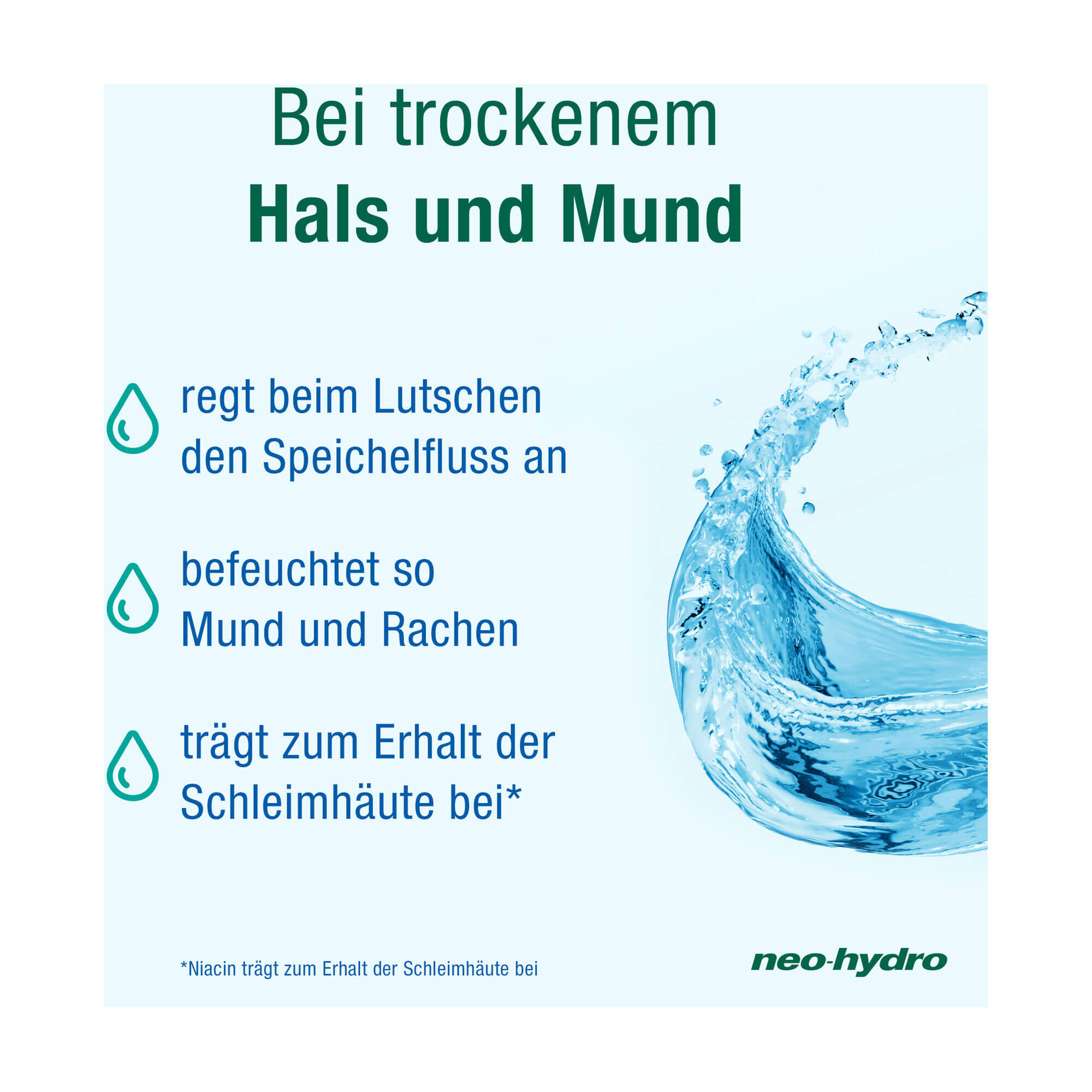 Grafik neo-hydro Lutschtabletten Menthol-Geschmack zuckerfrei Regt beim Lutschen den Speichelfluss an. Befeuchtet so Mund und Rachen.