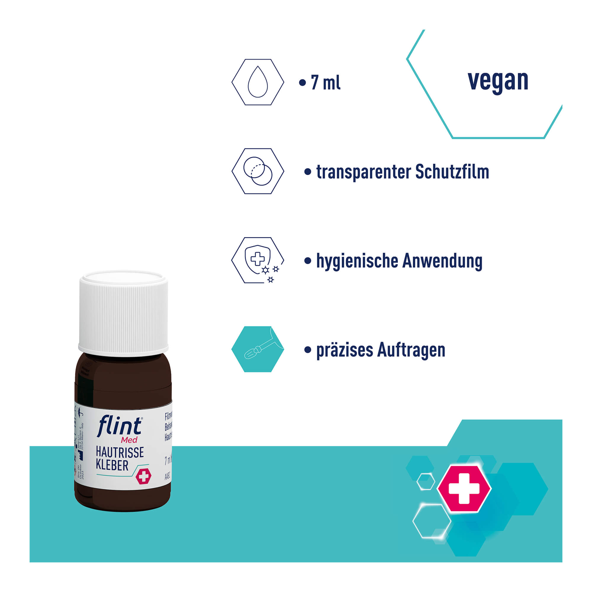 Grafik Flint Med Hautrisse Kleber Hygienische Anwendung und präzises Auftragen. Vegan.