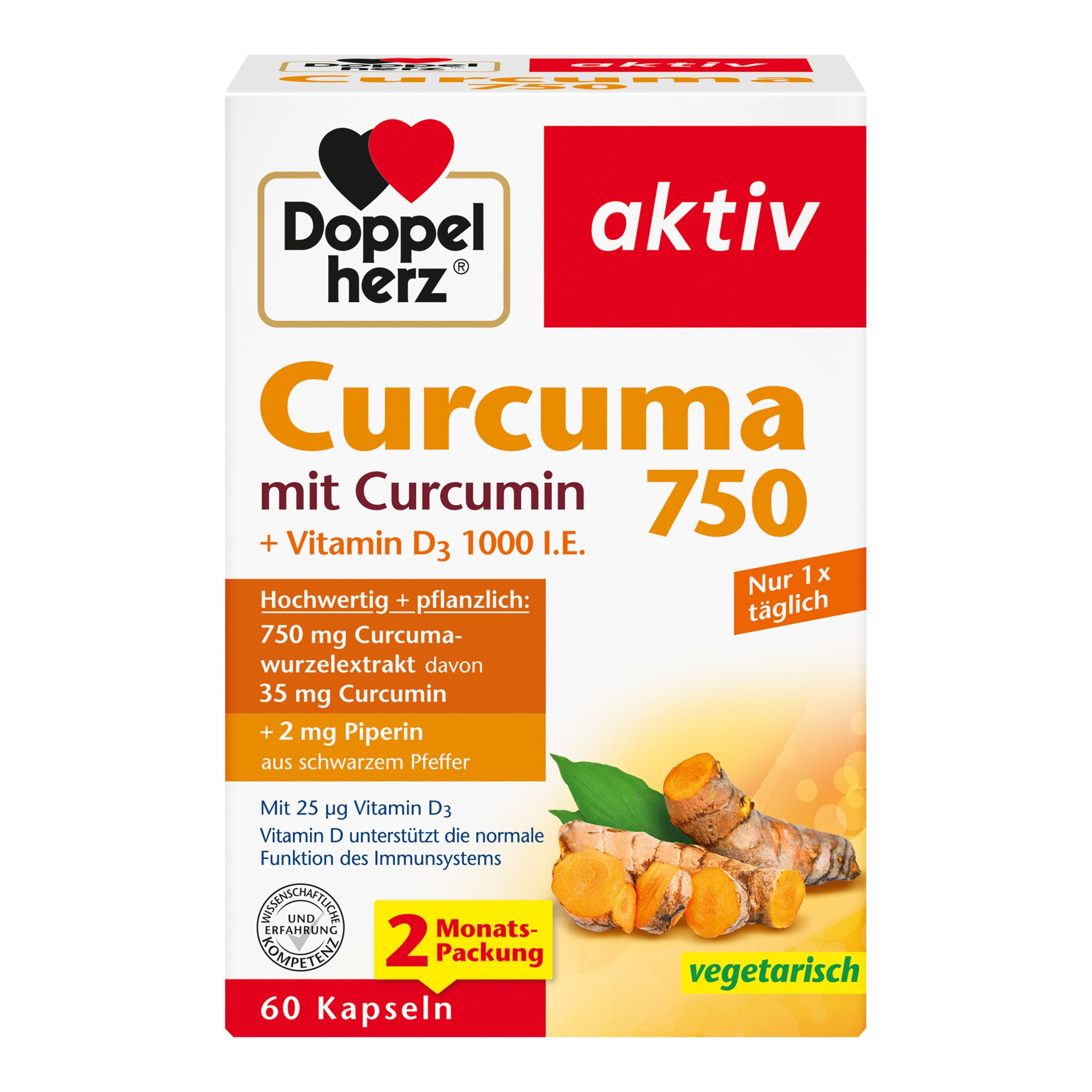 Nahrungsergänzungsmittel mit curcuminhaltigem Curcumawurzelextrakt, Piperin und Vitamin D.