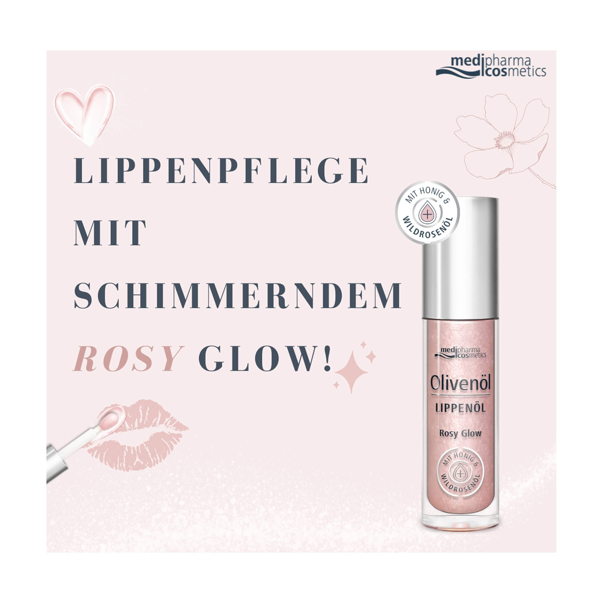 Grafik Olivenöl Lippenöl Mit schimmerndem Rosy Glow