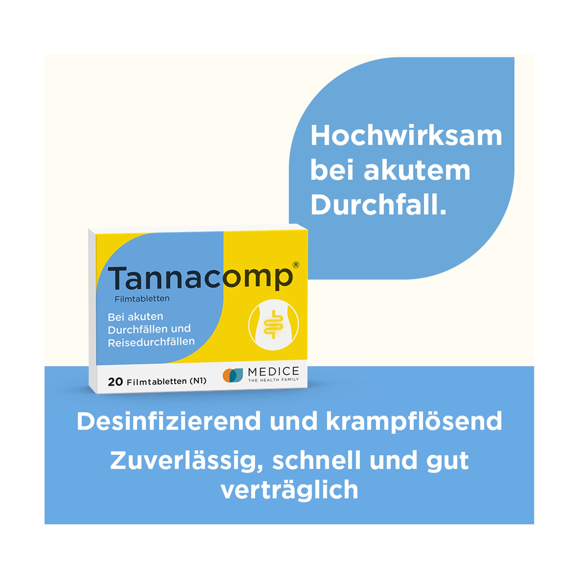 Grafik Tannacomp Filmtabletten Desinfizierend und krampflösend. Zuverlässig, schnell und gut verträglich