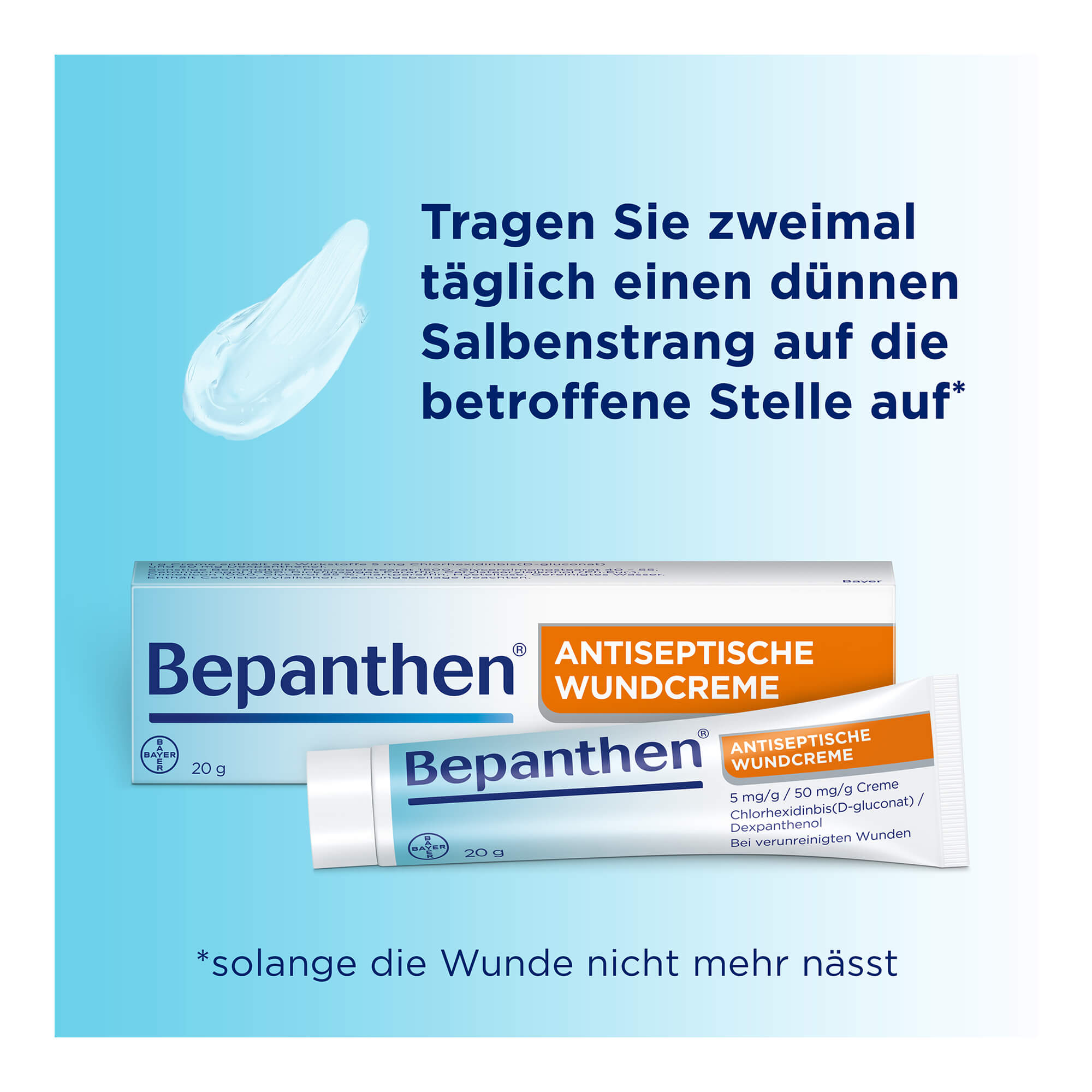 Grafik Bepanthen Antiseptische Wundcreme Tragen Sie zweimal täglich einen dünnen Salbenstrang auf die betroffene Stelle (keine nässenden Wunden) auf