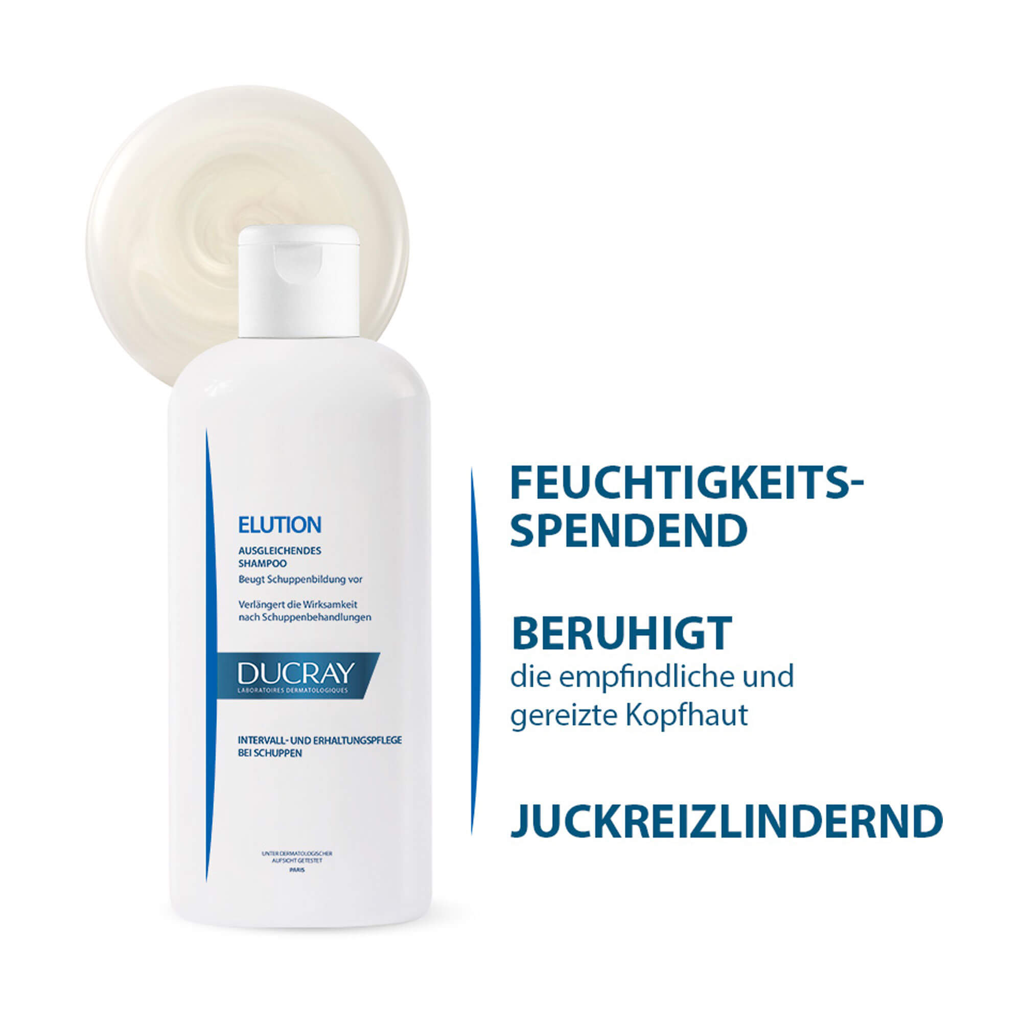 Grafik Ducray Elution Anti-Schuppen Begleitpflege-Shampoo Feuchtigkeitsspendend. Beruhigt. Juckreizlindernd