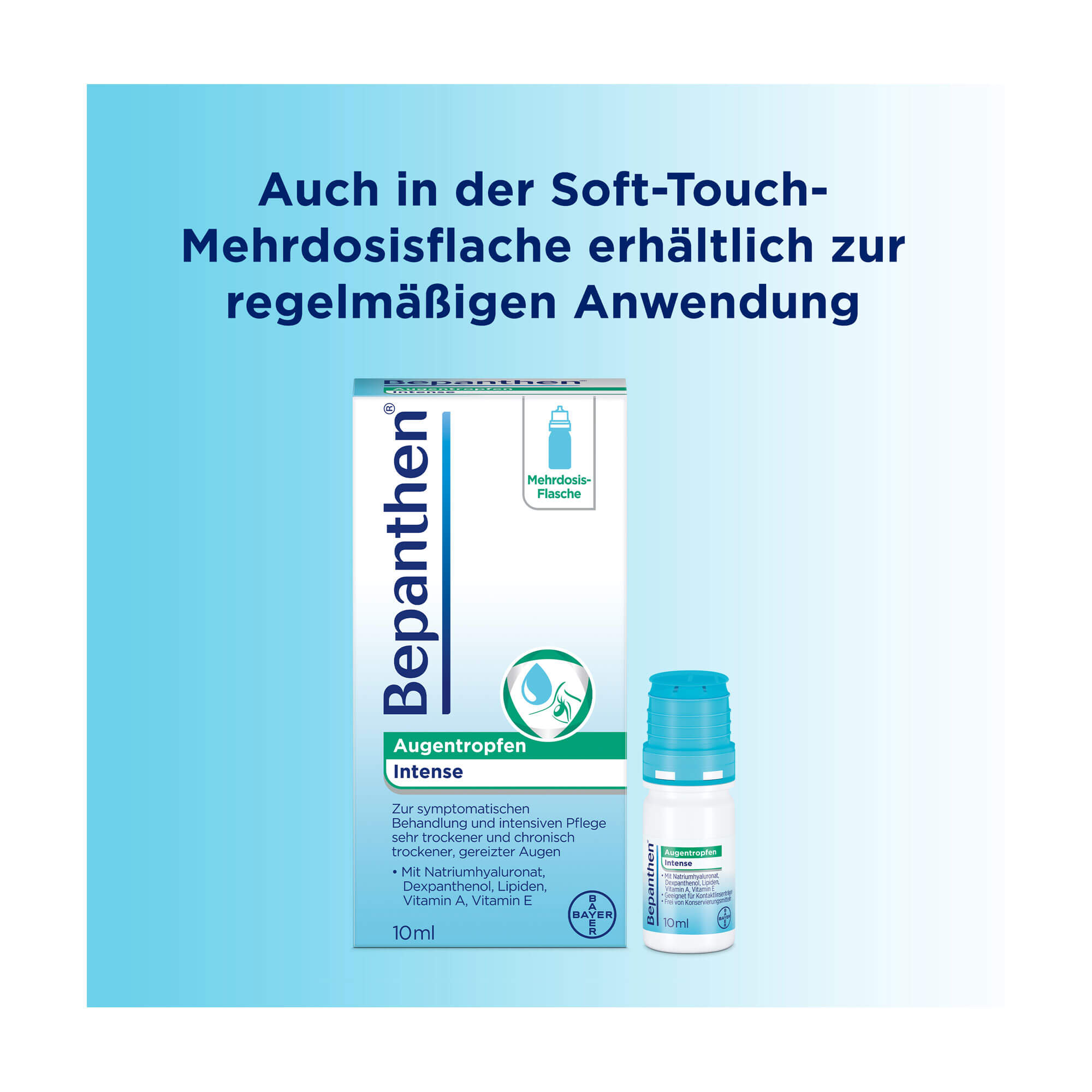 Grafik Bepanthen Augentropfen Auch in der Soft-Touch-Mehrdosisflasche erhältlich zur regelmäßigen Anwendung