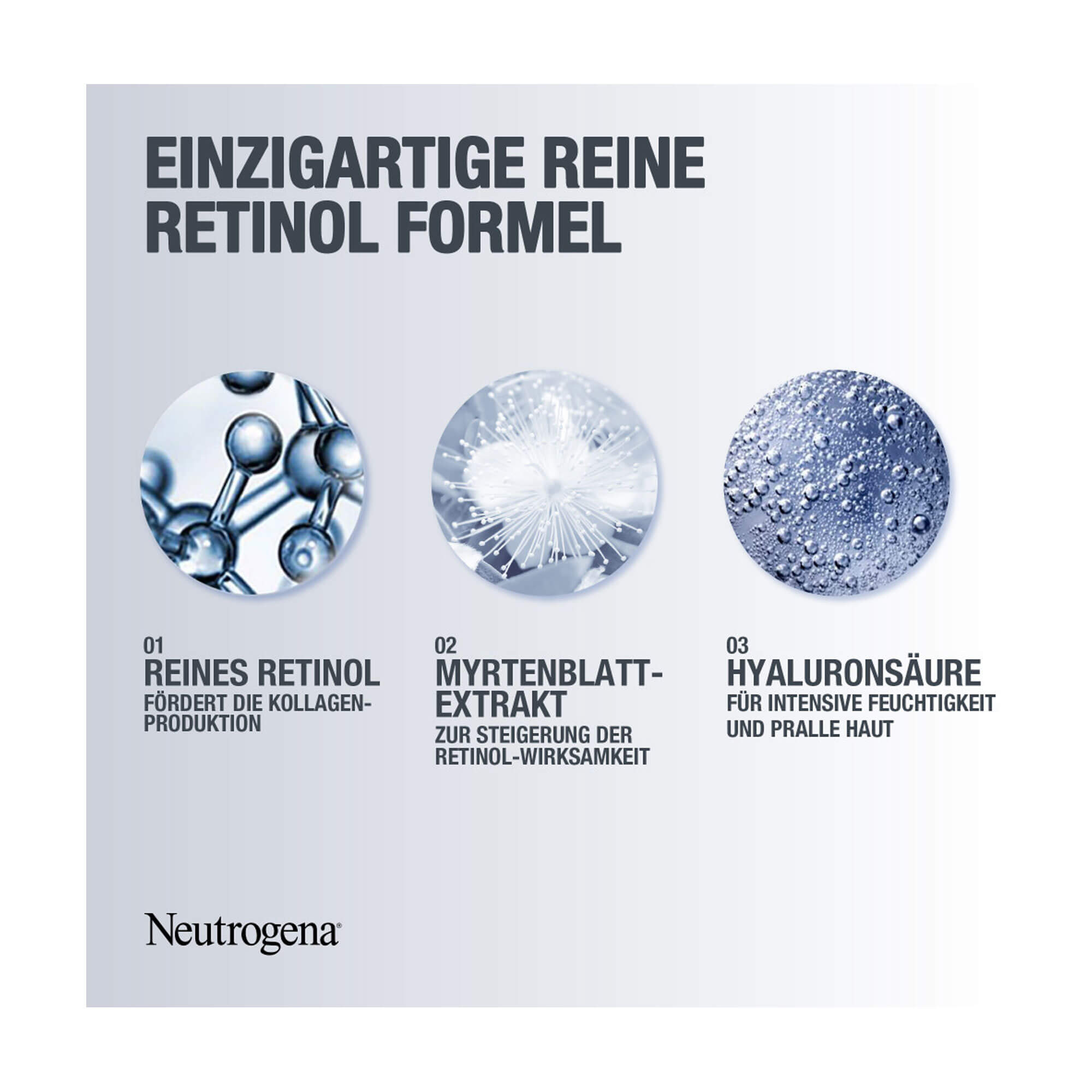 Grafik Neutrogena Retinol Boost Augencreme Mit reinem Retinol, Myrrtenblattextrakt und Hyaluronsäure.