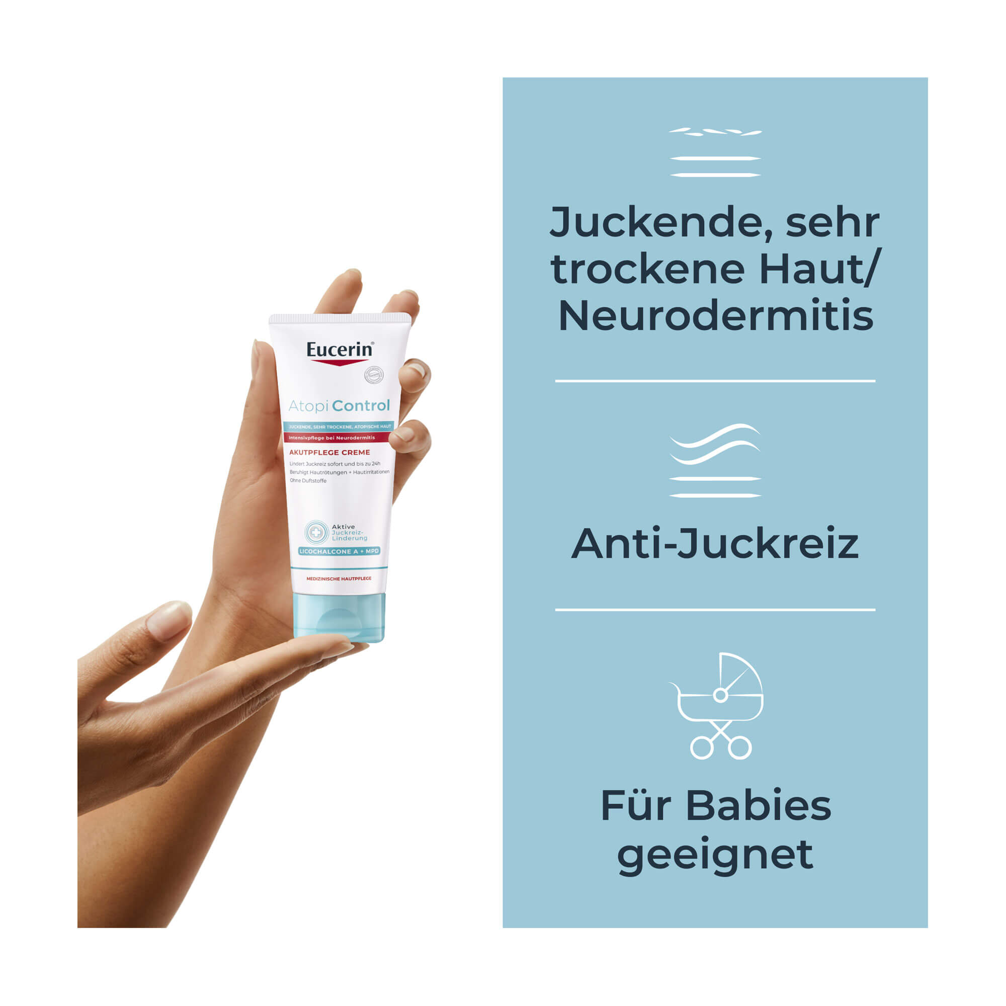 Grafik Eucerin AtopiControl Balsam Für juckende, sehr trockene Haut/Neurodermitis geeignet. Für Babys geeignet.