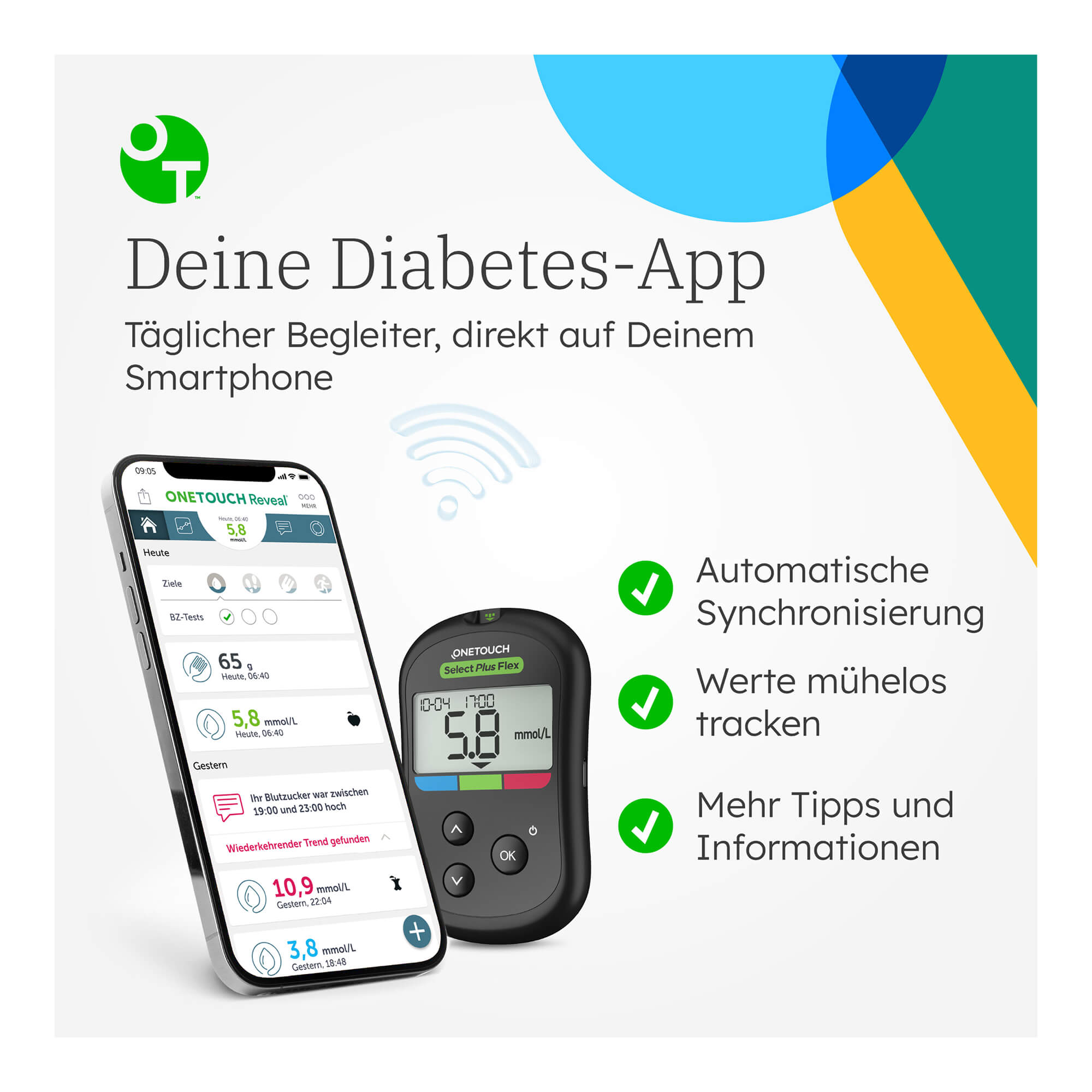 Grafik OneTouch Select Plus Flex Blutzucker-Messgerät (mmol/L) Mit kostenfreier Diabetes-App