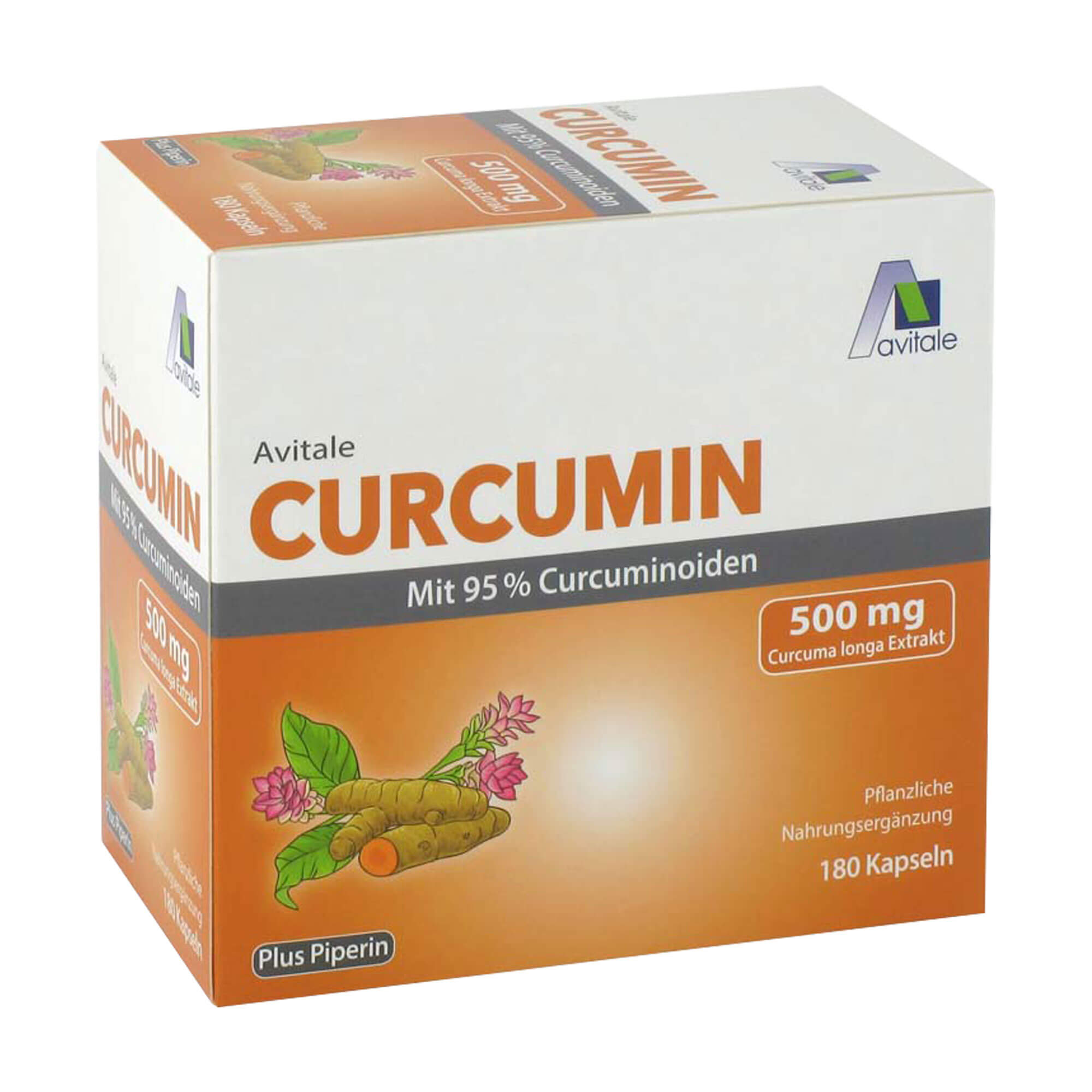 Nahrungsergänzungsmittel mit 500 mg Curcuma longa Extrakt und Piperin.