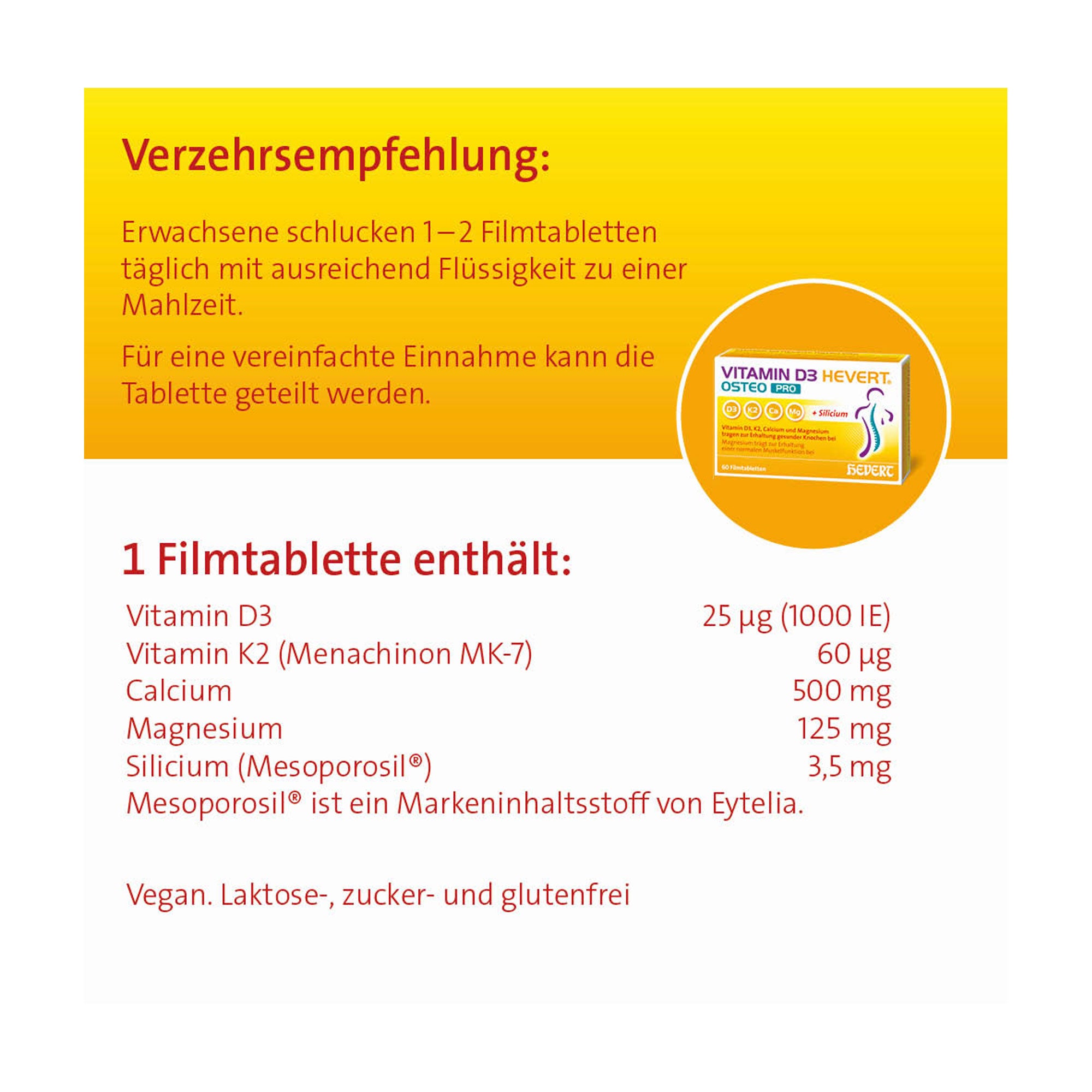 Grafik Vitamin D3 Hevert Osteo Pro Filmtabletten Verzehrsempfehlung und Zusammensetzung