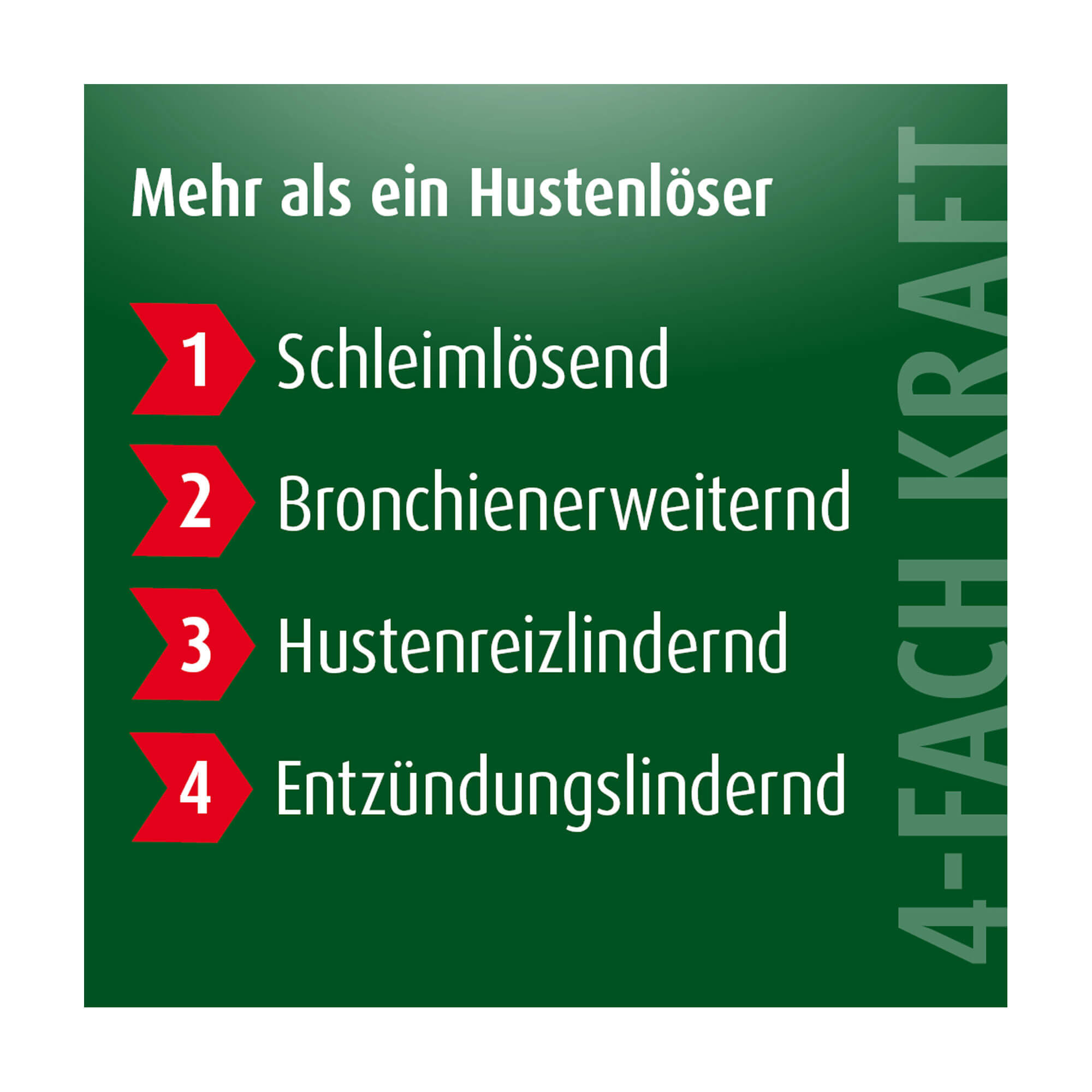 Grafik Prospan Hustenliquid 4-fach Kraft: Schleimlösend. Bronchienerweiternd. Hustenreiz-  und Entzündzungslindernd