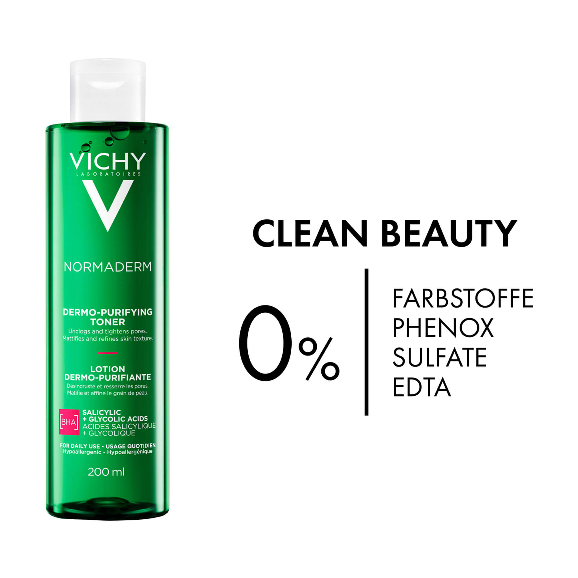 Grafik Vichy Normaderm Porenklärende Reinigungs-Lotion 0% Farbstoffe, Phenox, Sulfate, EDTA