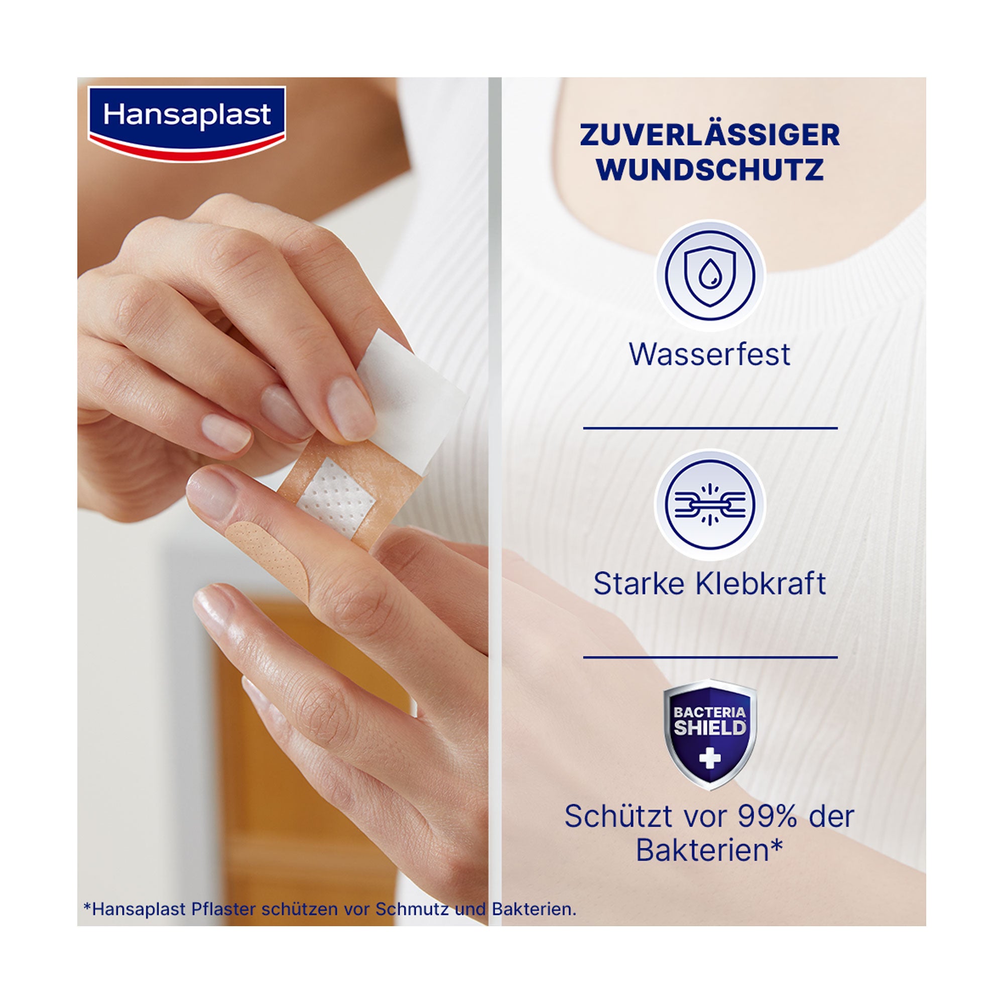 Grafik Hansaplast Universal Pflasterstrips Zuverlässiger Schutz. Wasserfest. Starke Klebekraft.