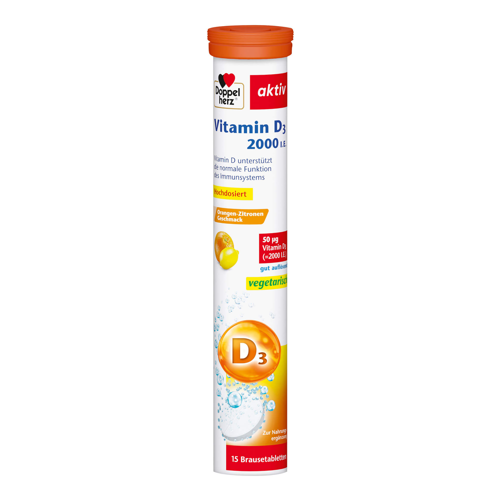 Nahrungsergänzungsmittel mit Vitamin D. Mit Orangen-Zitronen-Geschmack.