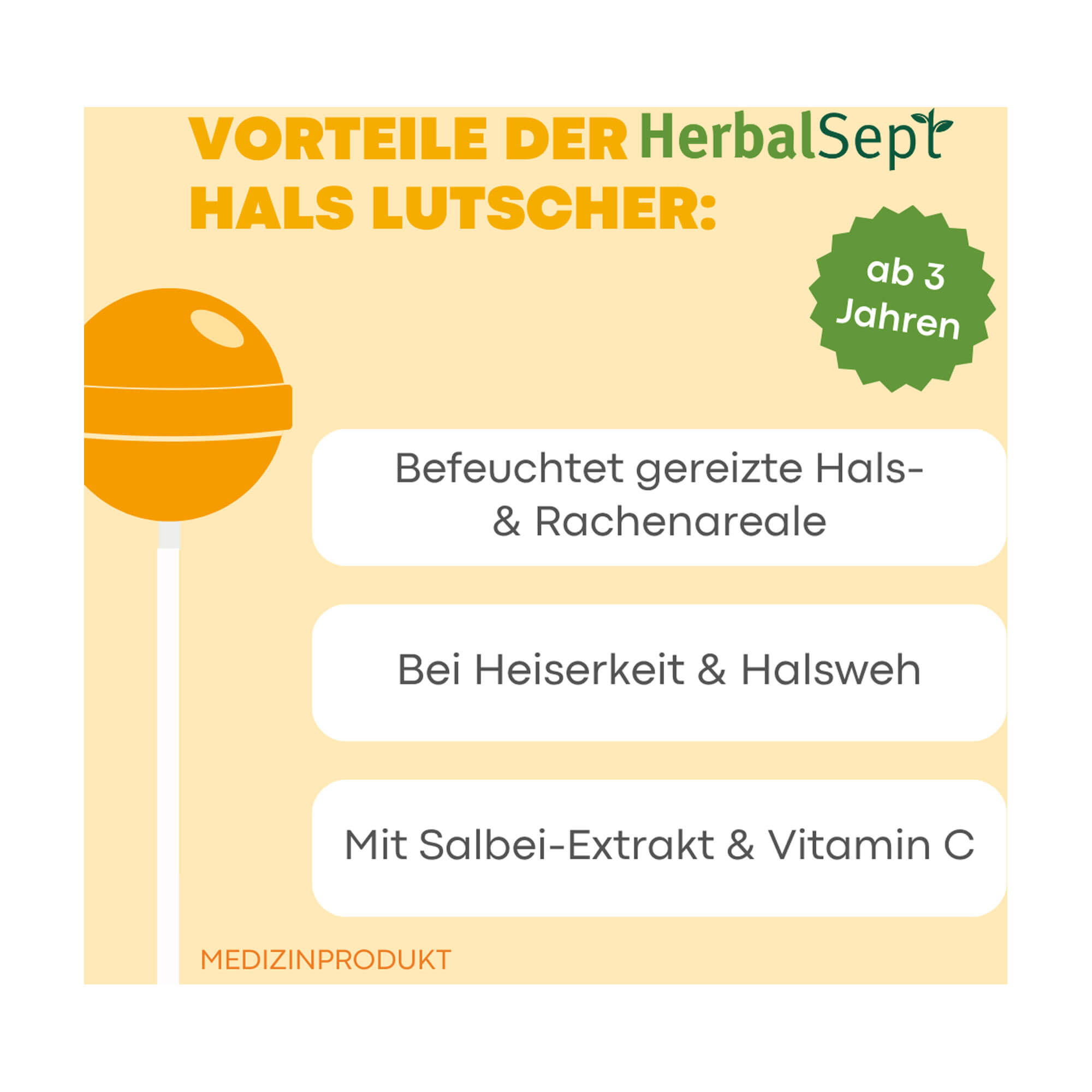 Grafik Dr. Theiss HerbalSept Hals Lutscher Kids Produktvorteile