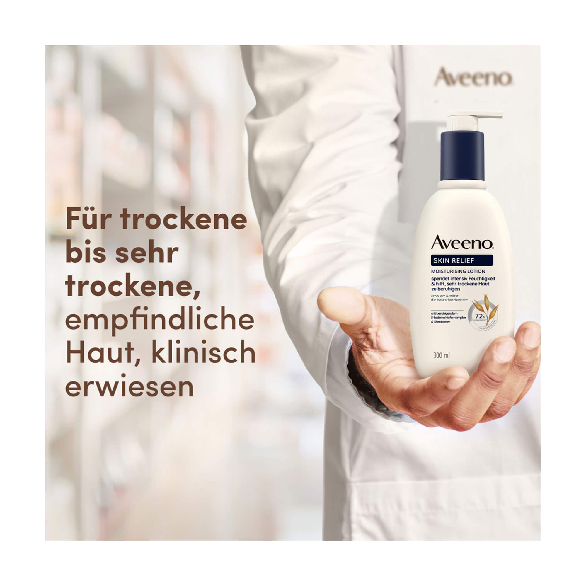 Grafik Aveeno Skin Relief Body Lotion Für trockene bis sehr trockene, empfindliche Haut. Klinisch erwiesen.