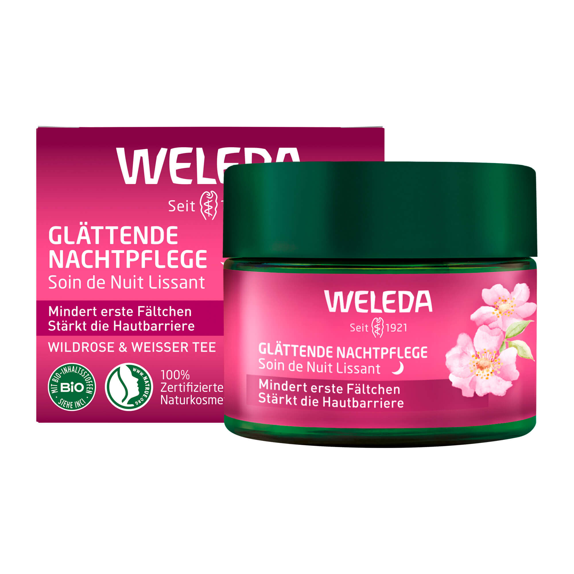 Regenerierende Nachtcreme für alle Hauttypen, die intensive Feuchtigkeit spendet und Falten reduziert. Mit antioxidativem weißem Tee und bio-zertifizierter Wildrose schützt sie vor vorzeitiger Hau