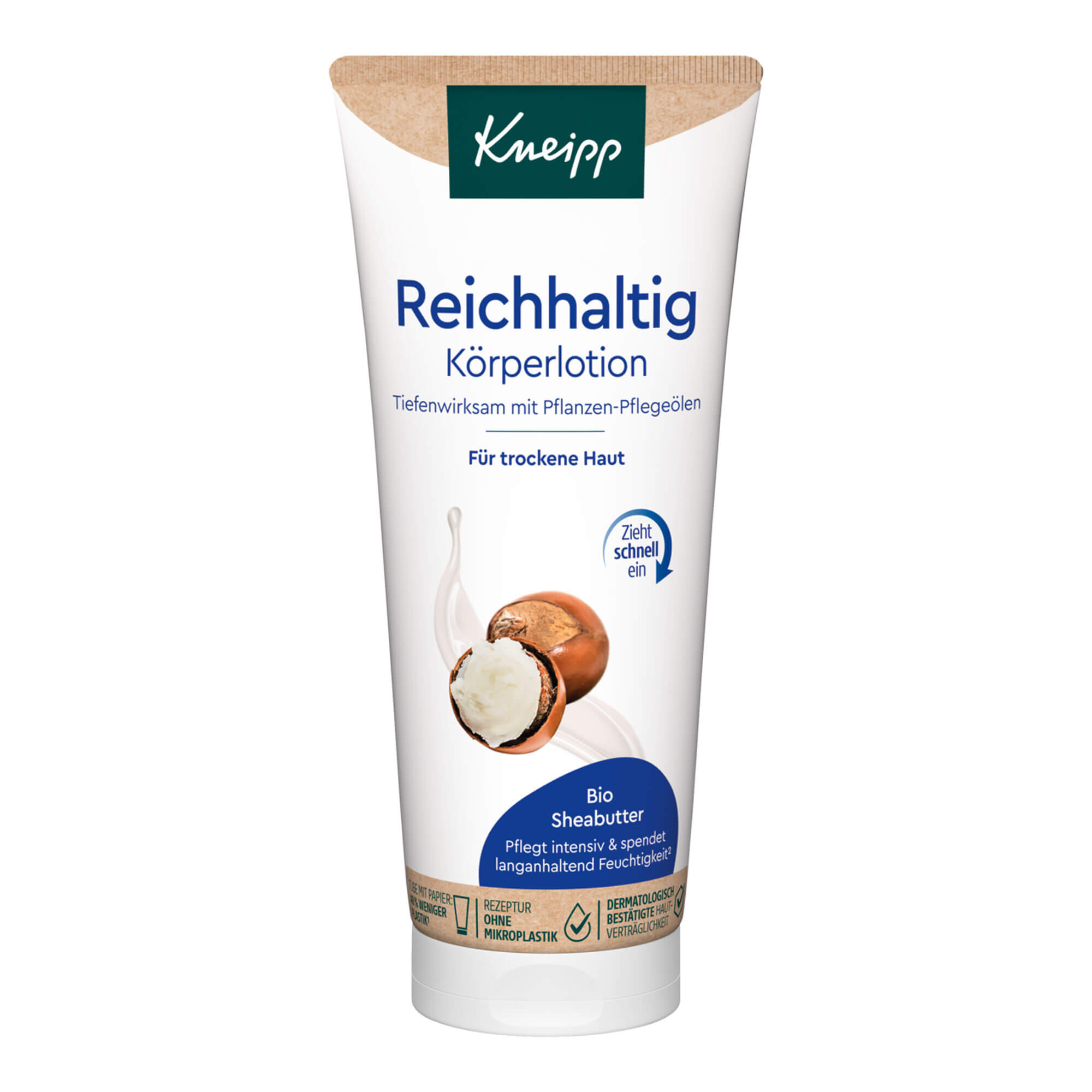 Intensive Feuchtigkeit und Pflege mit Bio Sheabutter für trockene Haut. Zieht schnell ein und hinterlässt ein geschmeidiges Gefühl.