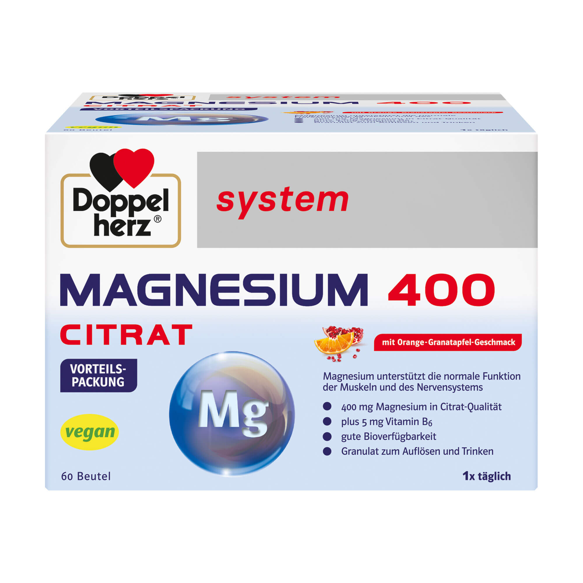 Nahrungsergänzungsmittel mit Magnesium, Vitamin B6 und Vitamin C. Mit Orange-Granatapfel-Geschmack.