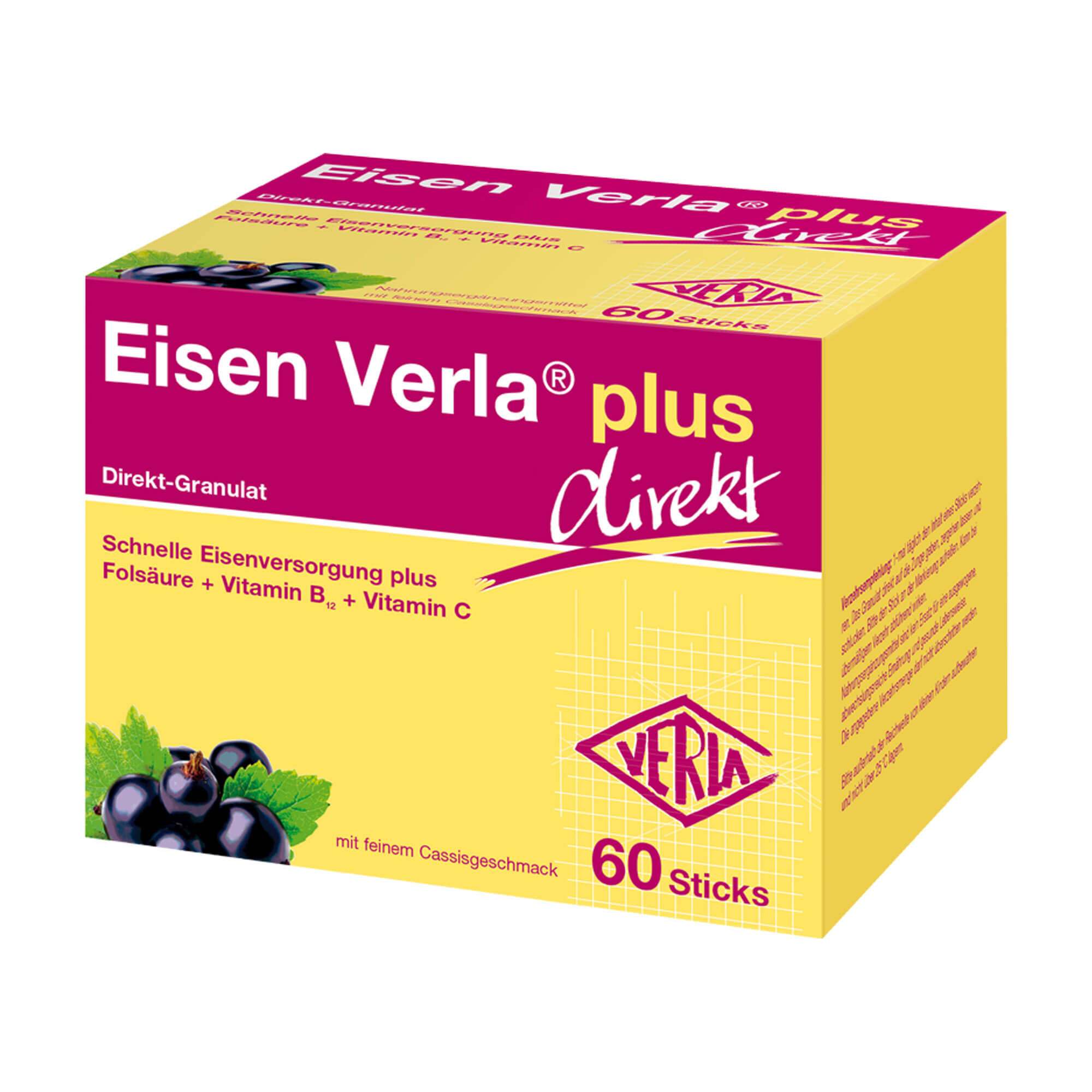 Nahrungsergänzungsmittel mit Eisen plus Folsäure + Vitamin B12 + Vitamin C. Feiner Cassisgeschmack.