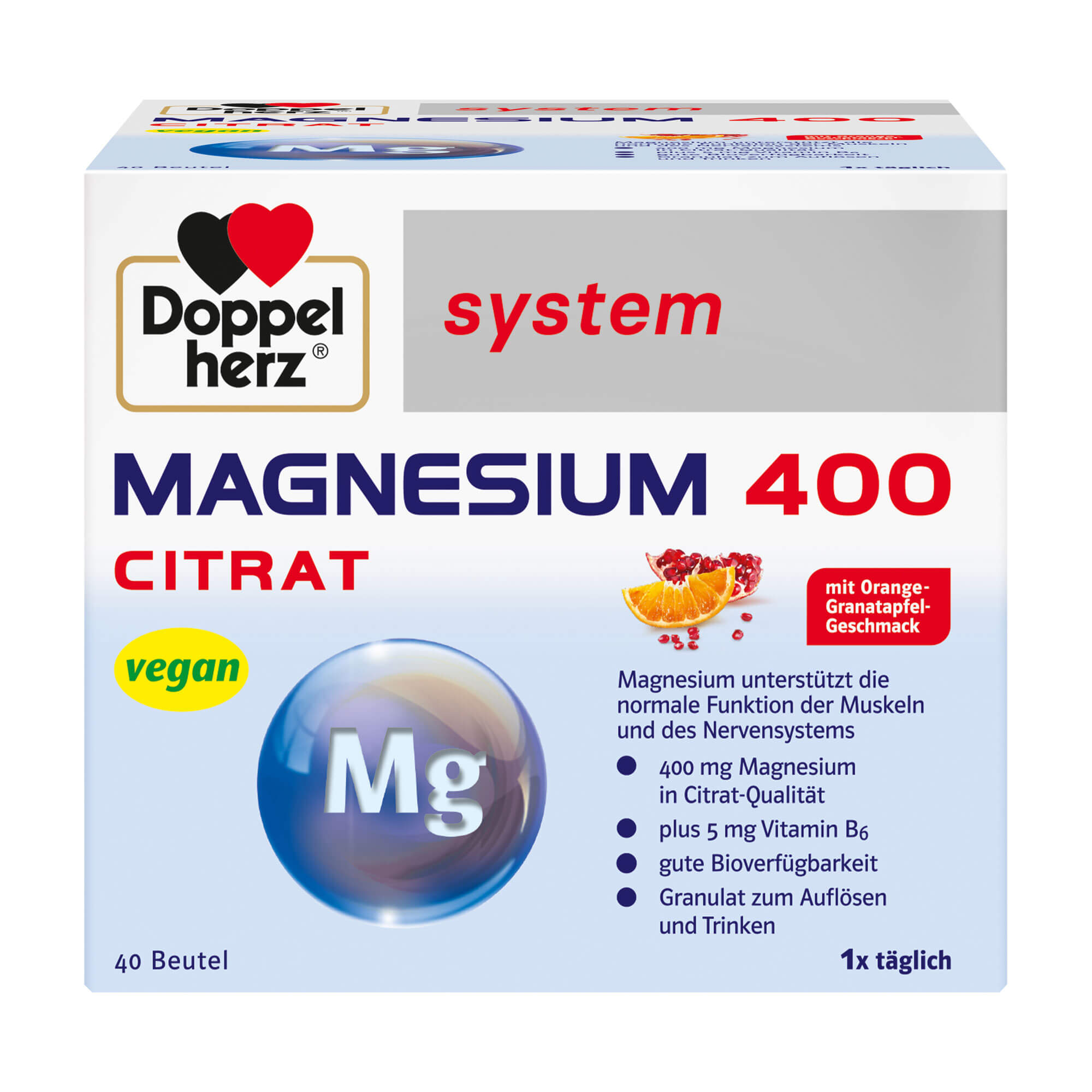 Nahrungsergänzungsmittel mit Magnesium, Vitamin B6 und Vitamin C. Mit Orange-Granatapfel-Geschmack.