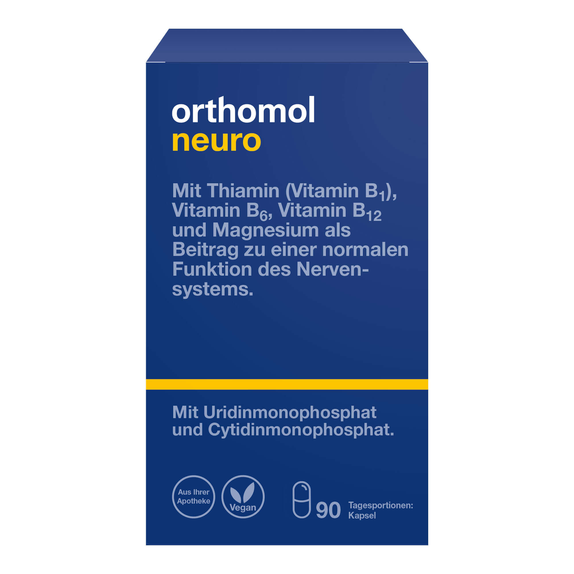 Nahrungsergänzungsmittel mit Thiamin, Vitamin B6, B12 und Magnesium zur Unterstützung des Nervensystems und Energiestoffwechsels.