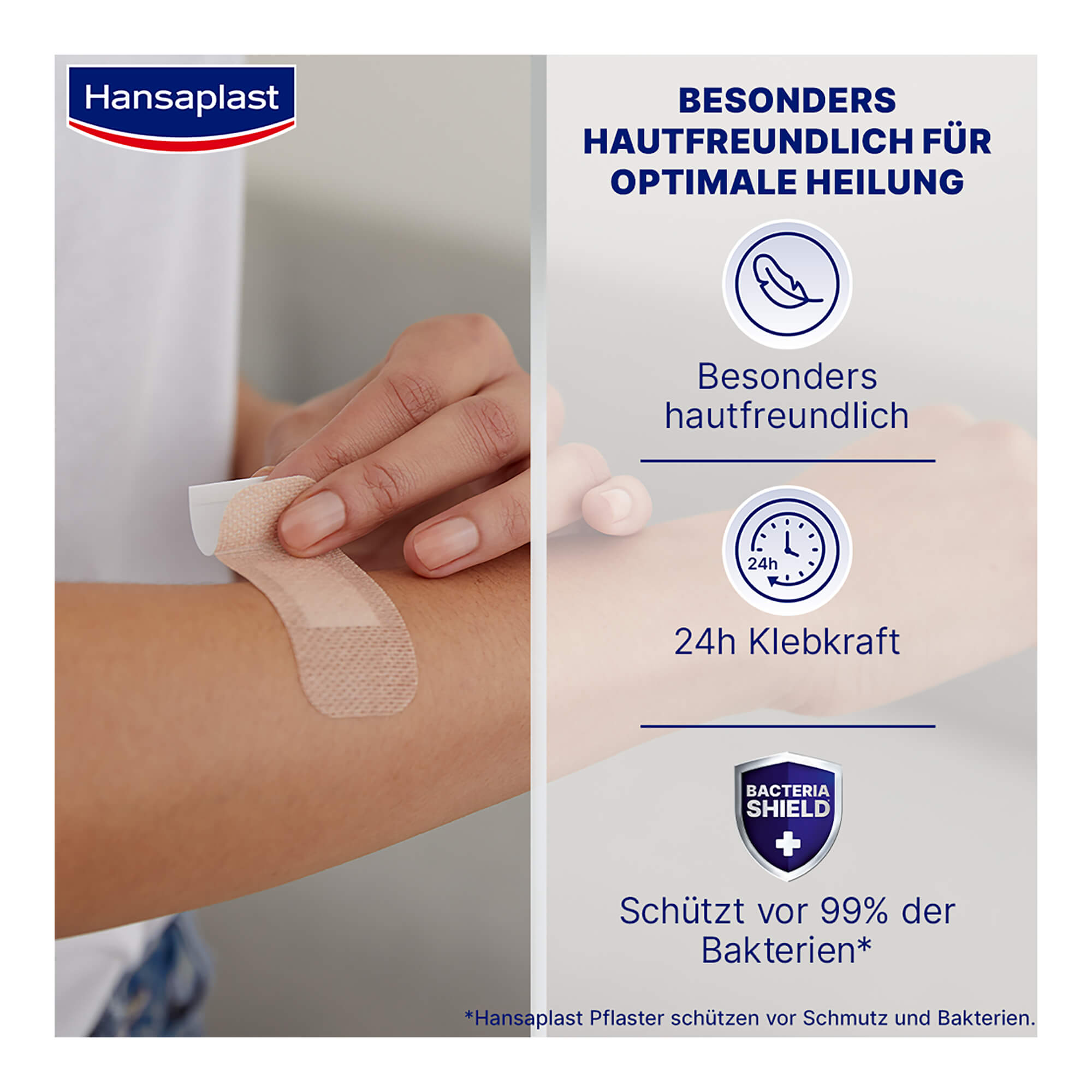 Grafik Hansaplast Sensitive Pflasterstrips hautton light Besonders hautfreundlich für optimale Heilung