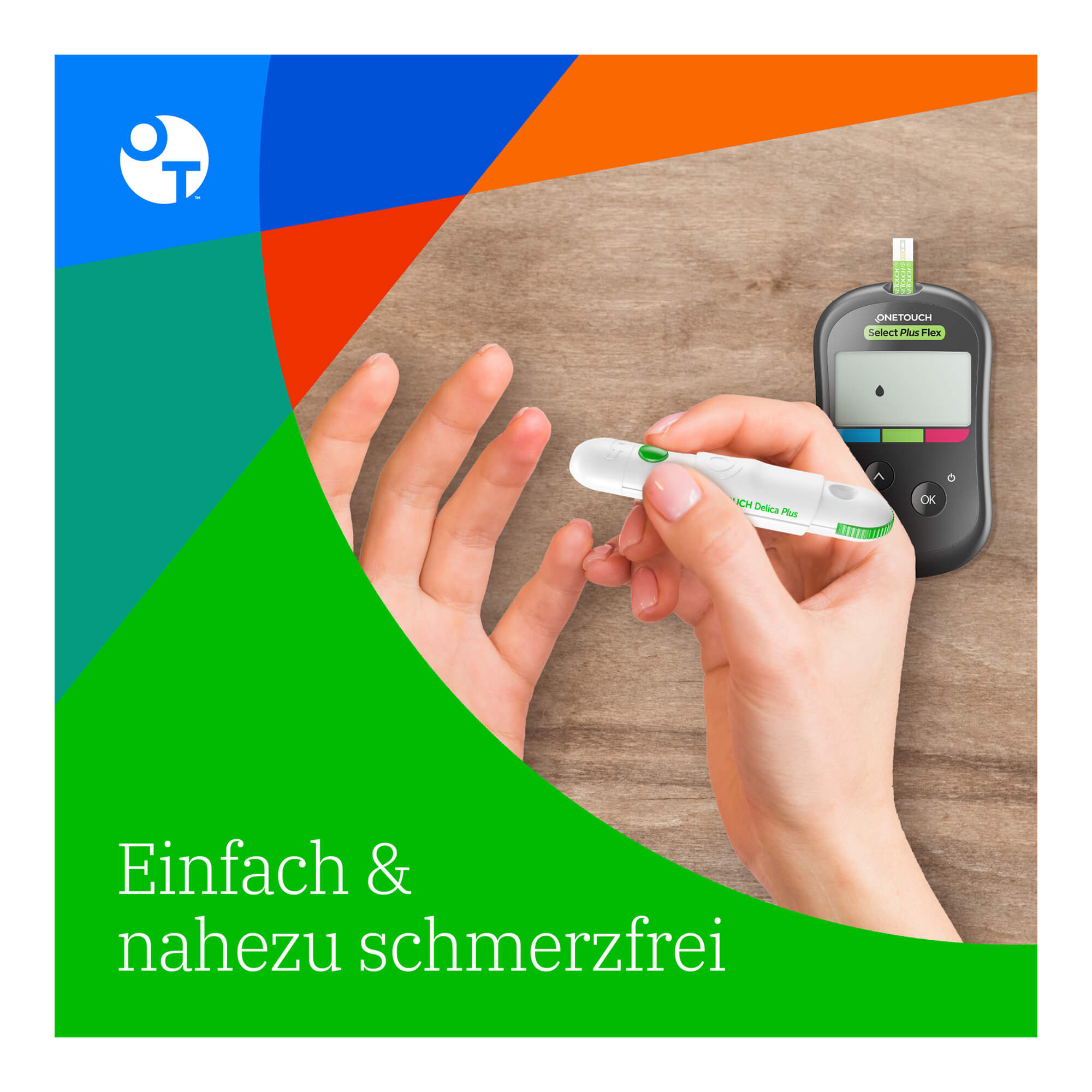 Grafik OneTouch Select Plus Flex Blutzucker-Messgerät (mmol/L) Einfach und nahezu schmerzfrei messen