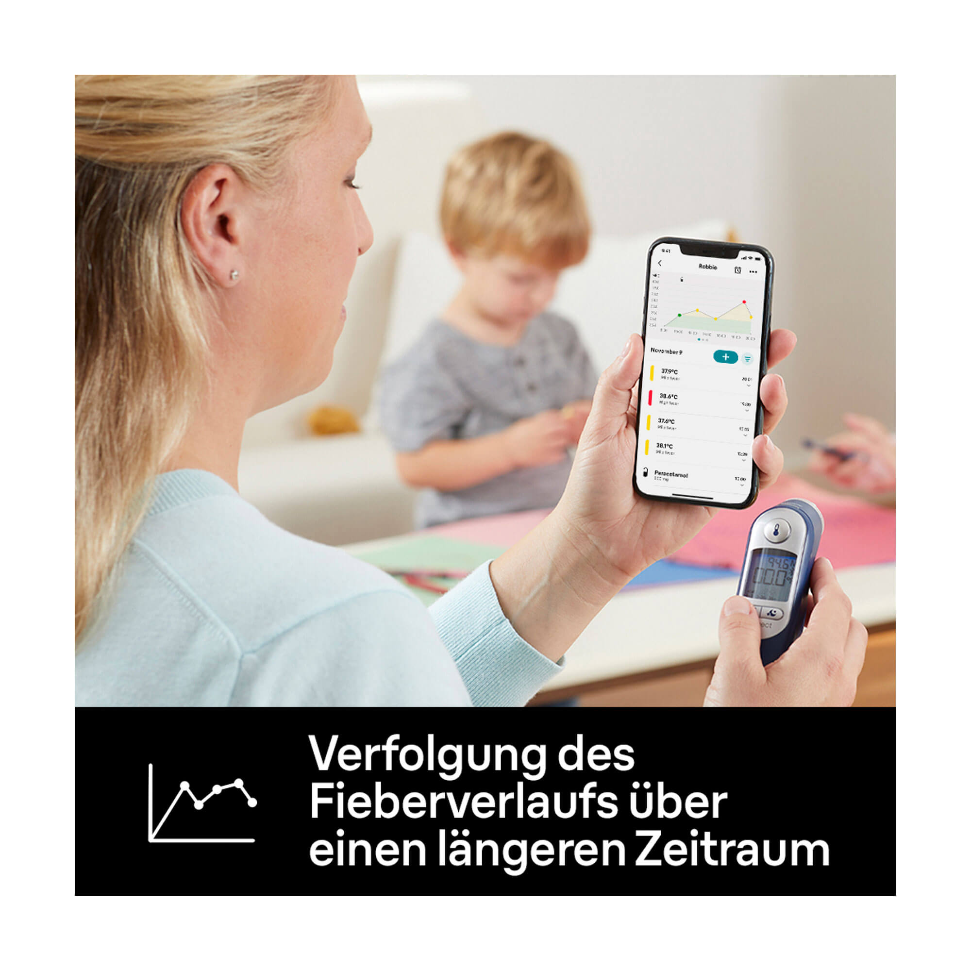 Grafik Braun ThermoScan 7+ Connect Ohrthermometer Verfolgung des Fieberverlaufs über einen längeren Zeitraum per App möglich