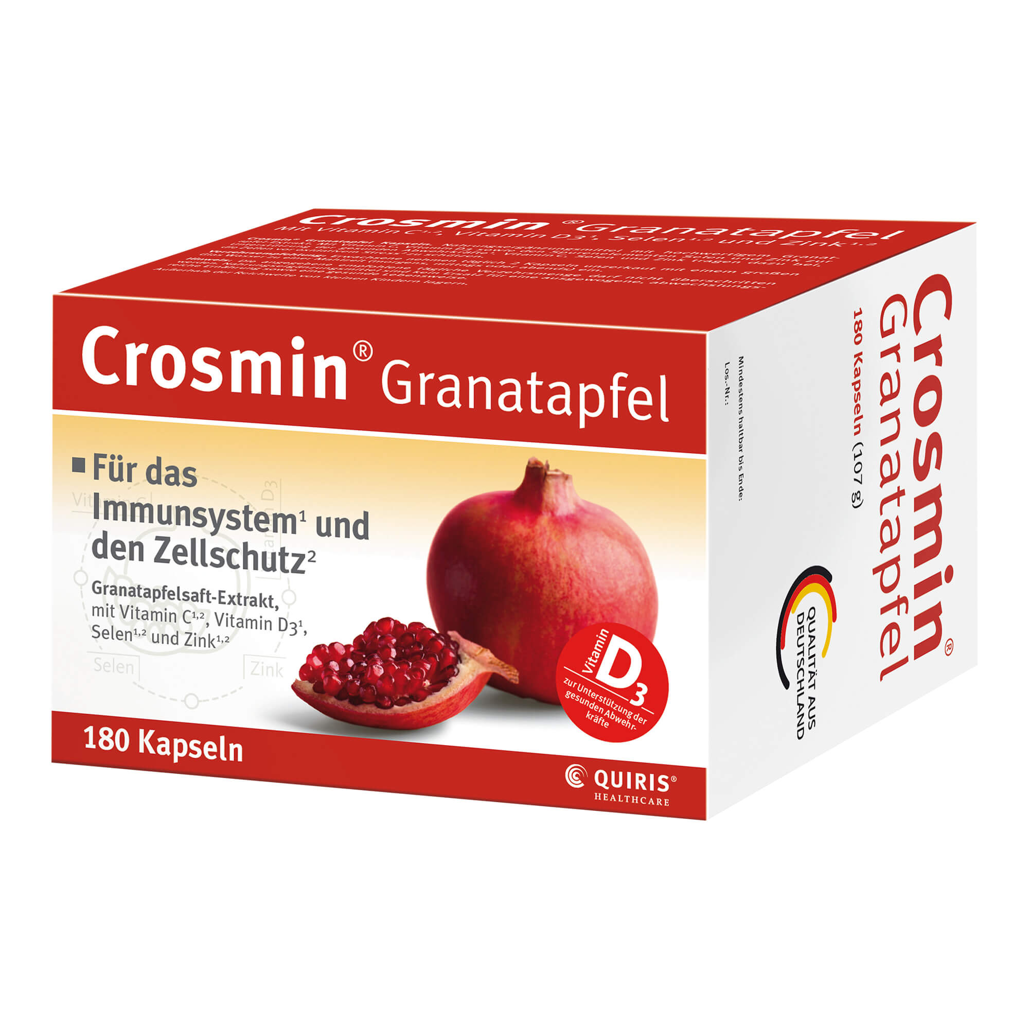 Nahrungsergänzungsmittel mit Granatapfelsaft-Extrakt, Vitamin C, Vitamin D3, Selen und Zink.