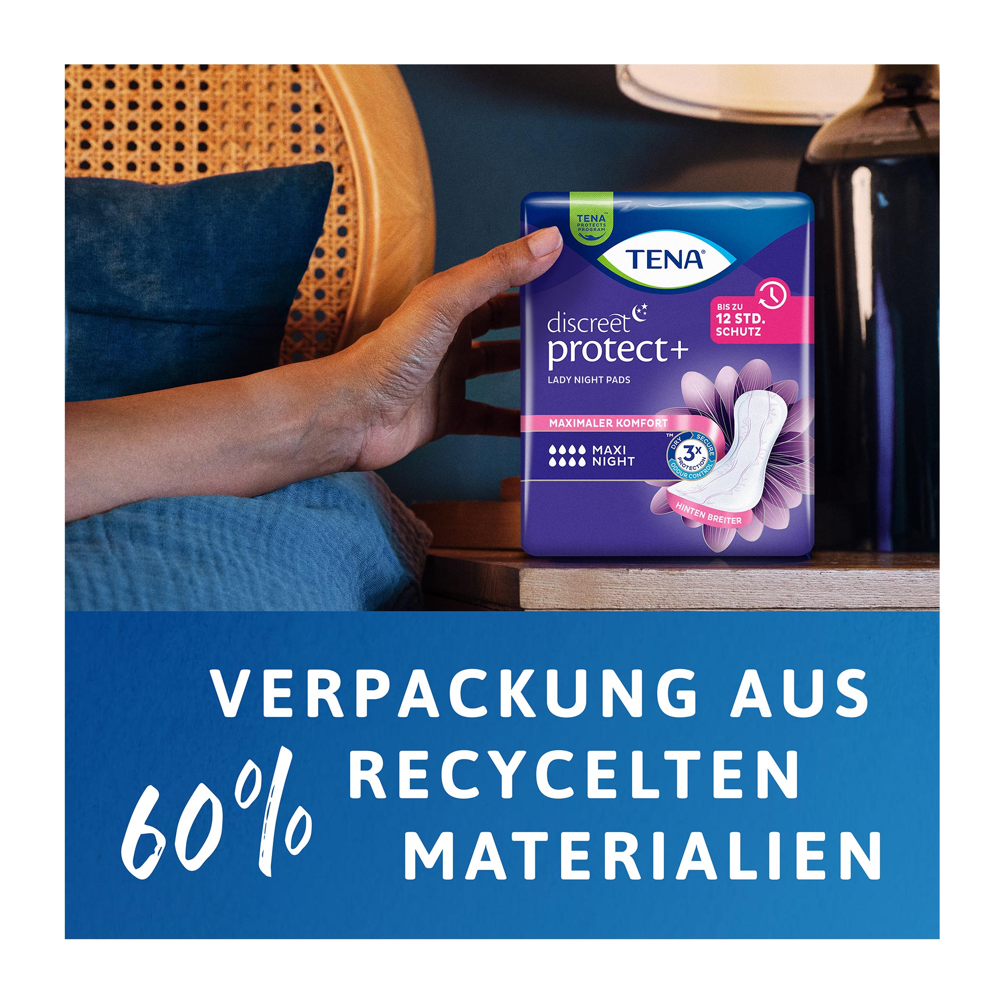 Grafik TENA Lady Discreet Maxi Night Inkontinenz Einlagen Verpackung aus 60 % recycelten Materialien